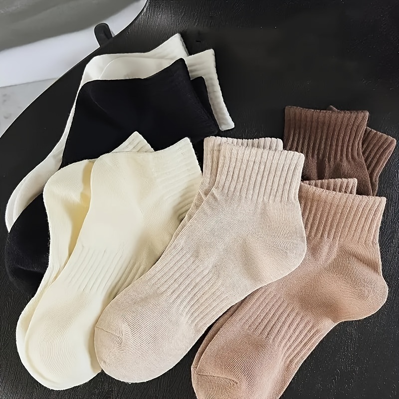 

6-pack Cotton Short Socks For Women - Comfort Thickened Solid Color, Breathable Crew Length, Autumn And With Knit Fabric - 90% Cotton, 10% Polyester