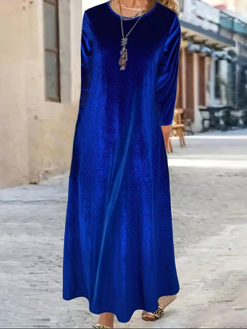 elegant plus size long sleeve velvet dress for women casual crew neck pockets comfortable stylish solid color thick fabric fall winter plus size dress