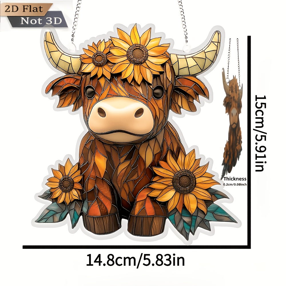 TEMU Décoration murale 2D plate, 1 pièce, vache Highland 2D plate, , attrape-soleil 2D, décoration murale en acrylique, intérieur/extérieur, porte,