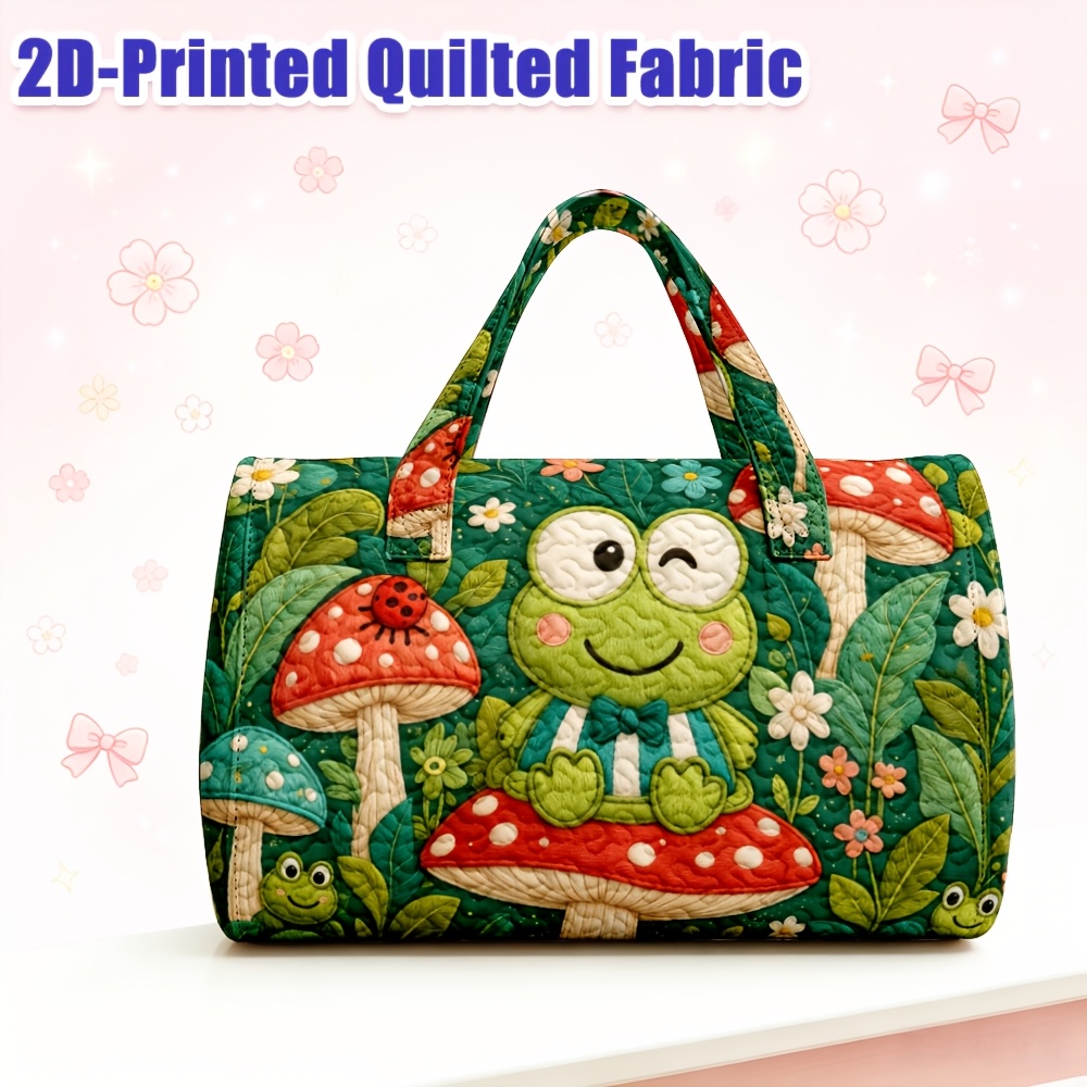 Bolso de mano acolchado de 1 pieza con estampado de Keroppi y champiñones, apto para mujer, bonito bolso de viaje cilíndrico con estampado de rana y champiñón, mochila lavable a máquina para regalos temáticos de Pochi Keroppi