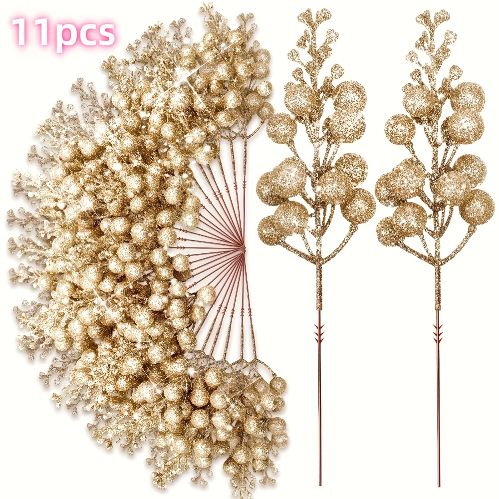 TEMU 11pcs Realistic Berry Shiny Branches - Christmas Tree And Wreath Decor, Reusable Plastic Berries With Sparkling Stems, Holiday Decoration, ,