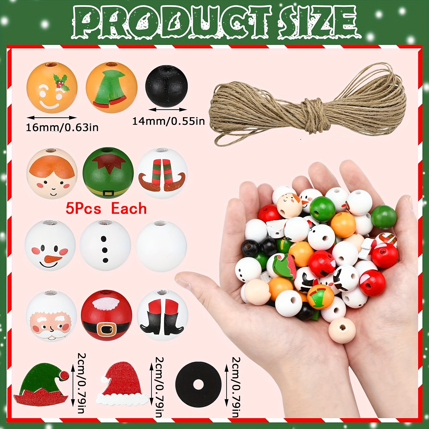 Image of 75pcs Efrey Wood Beads Compatible For Diy - Christmas Wooden Beads With Santa, Gingerbread Men, , Snowmen - Round Craft Beads For Jewelry Making, For Handmade Gifts, Bracelets, Earrings, Necklaces