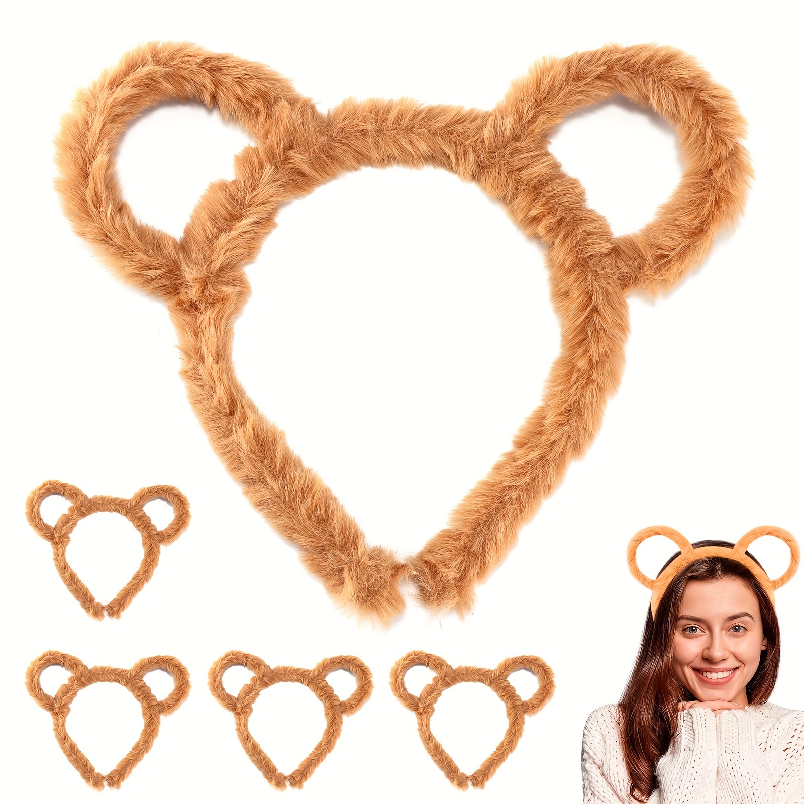 

5pcs Cute Bear Ear Headbands For Women - Soft Faux Fur, Solid Color, Cartoon Style Hair Accessories