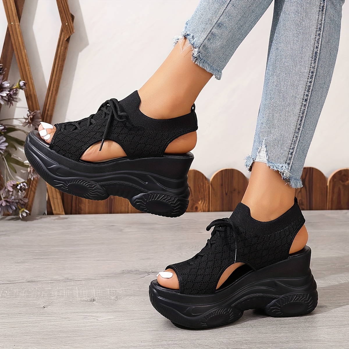 

Women's Summer Platform Wedge Sandals, Breathable Knit Elastic Upper, Open Toe Tie-up Comfort Sandals, Versatile Soft Sole High-heel Casual Shoes