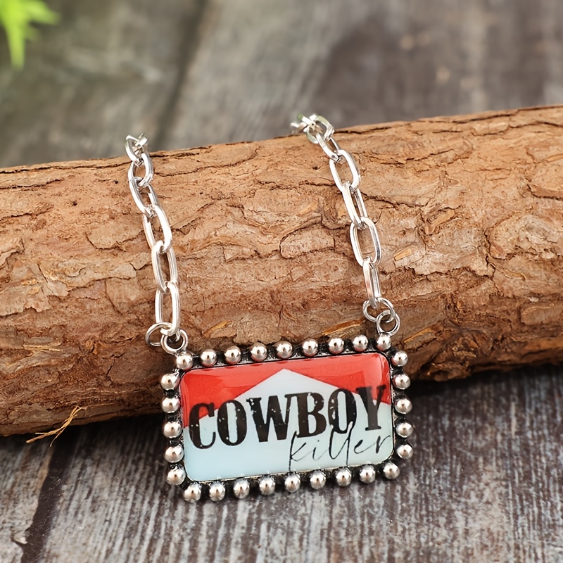TEMU Collier avec pendentif autocollant lettre « Cowboy Killer » de style western, chaîne clavicule en alliage de vieilli