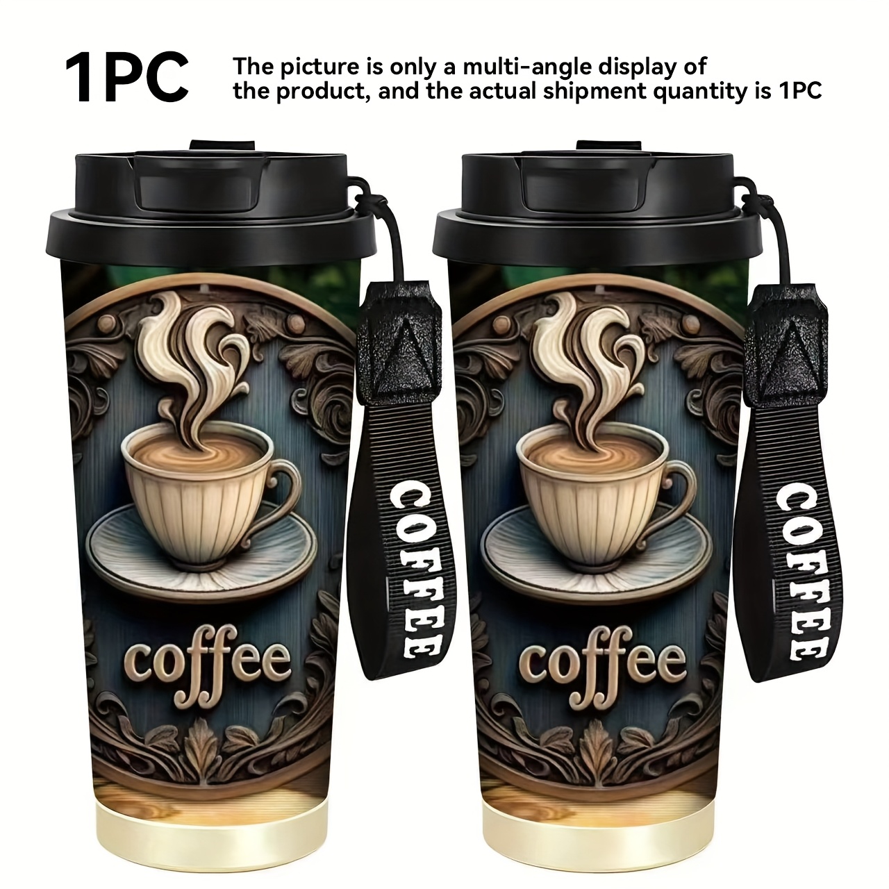 Image of 1pc 18oz Stainless Steel Insulated Travel Mug. A 2d Print Retro Coffee Cup . With Hand Strap. With A Straw. Hot And Cold. Coffee Cup. Car Cup. Birthday Gift. Christmas Gift. Halloween Gift.