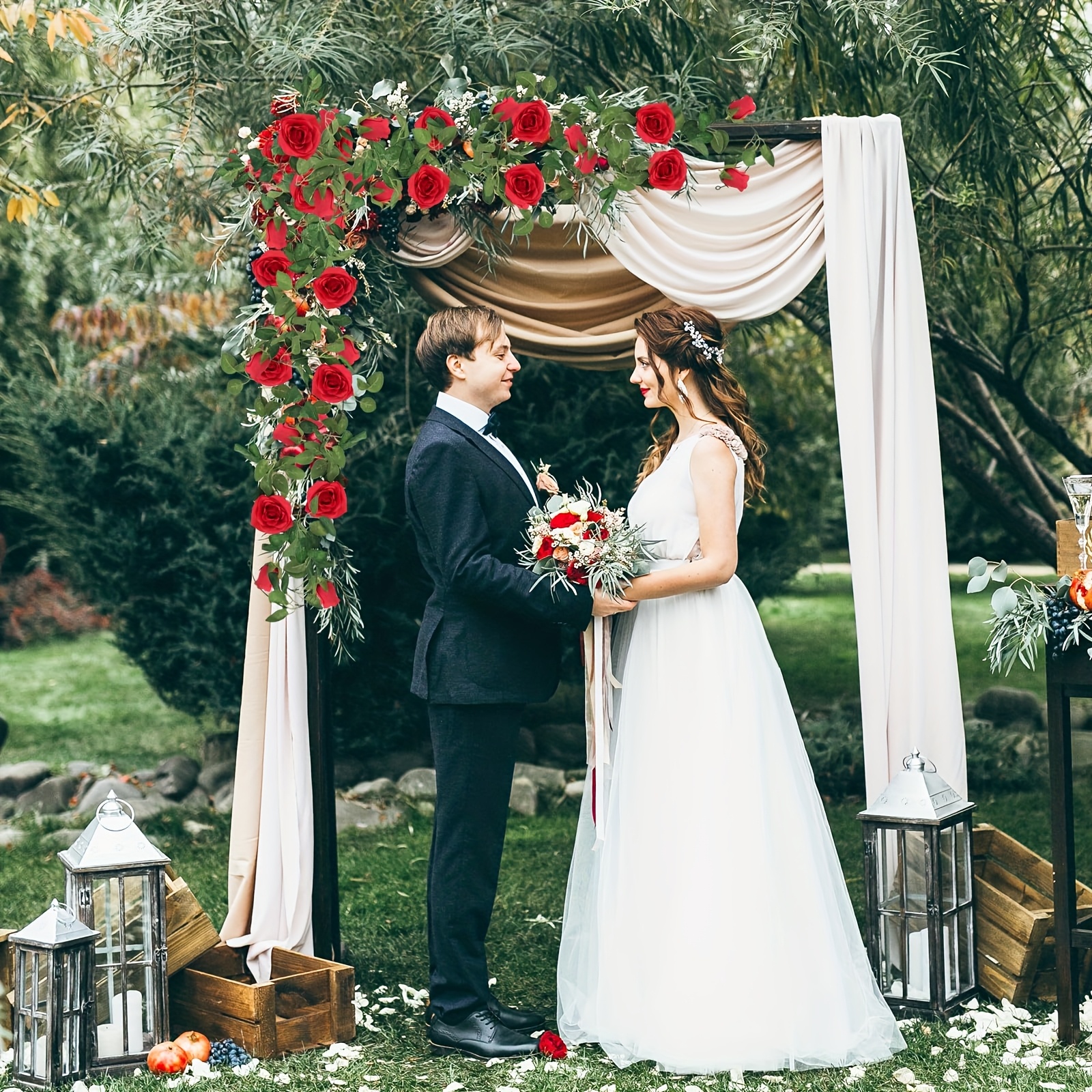 Image of 2pcs (16ft) Artificial Rose Vine Fake Garland Hanging Rose Ivy Plant Vine For Mother's Day Wedding Arch Party Garden Wall Aesthetic Art Decoration (red)