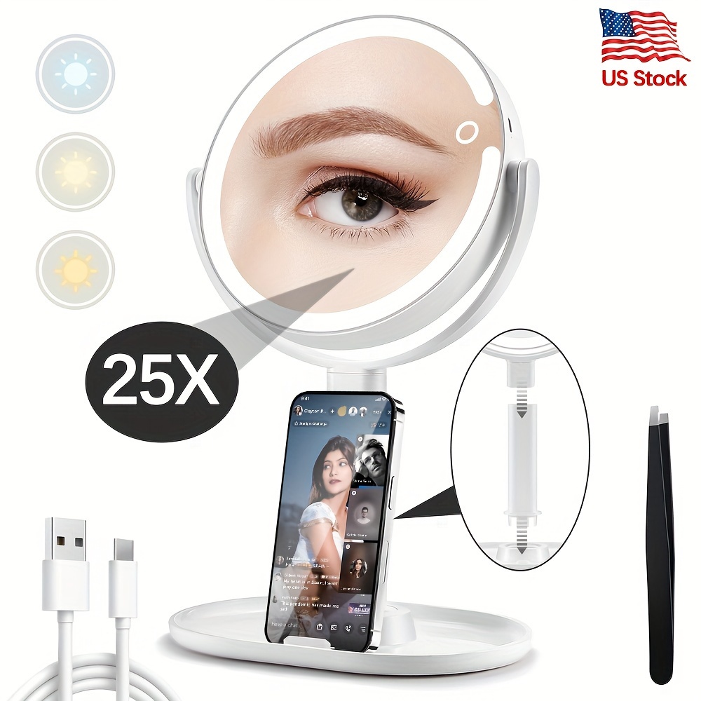 

For Christmas Gifts Makeup Mirror With Lights, 25x Magnifying Mirror With Light And Touch Switch, Vanity Mirror With 3 Color Light And 80 Leds, 2-sided Lighted Magnified Mirror 8 Inches