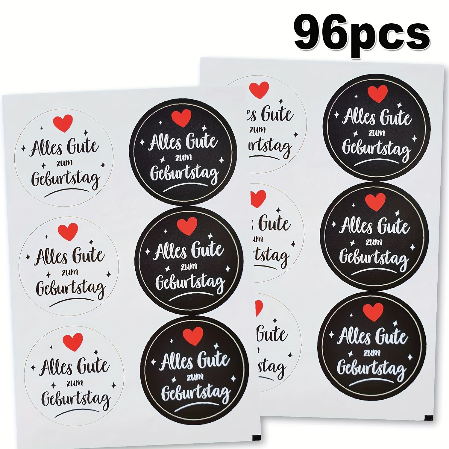 Image of 96 Stickers/pack, German "alles Gute Zum Geburtstag" Round Black And , 4cm Diameter Paper Birthday Stickers, Suitable For Envelopes And Gift Wrapping, Party Decoration Stickers