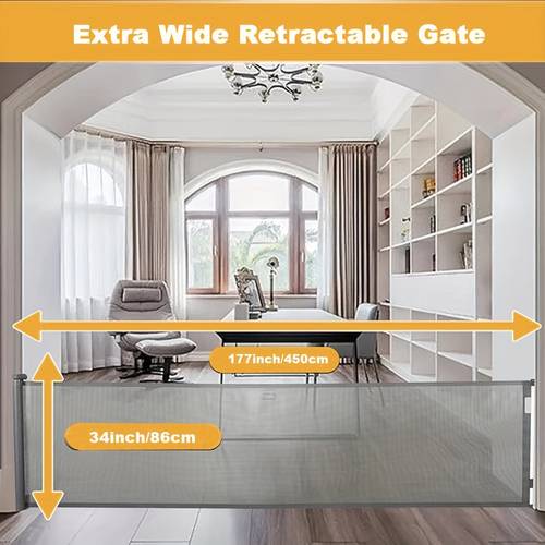 177 inch extra wide retractable door 34 inch high retractable gate extra wide pet door adjustable mount fits any baseboard with automatic safety installation kit suitable for indoor and outdoor use in many places