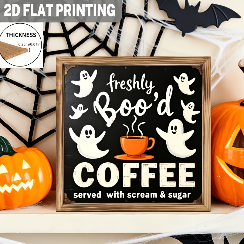 TEMU Décoration murale d'Halloween "Boo'd" Café amusante et , 1 pièce, plate 2D, panneau de style ferme en bois de récupération avec de tasse de café