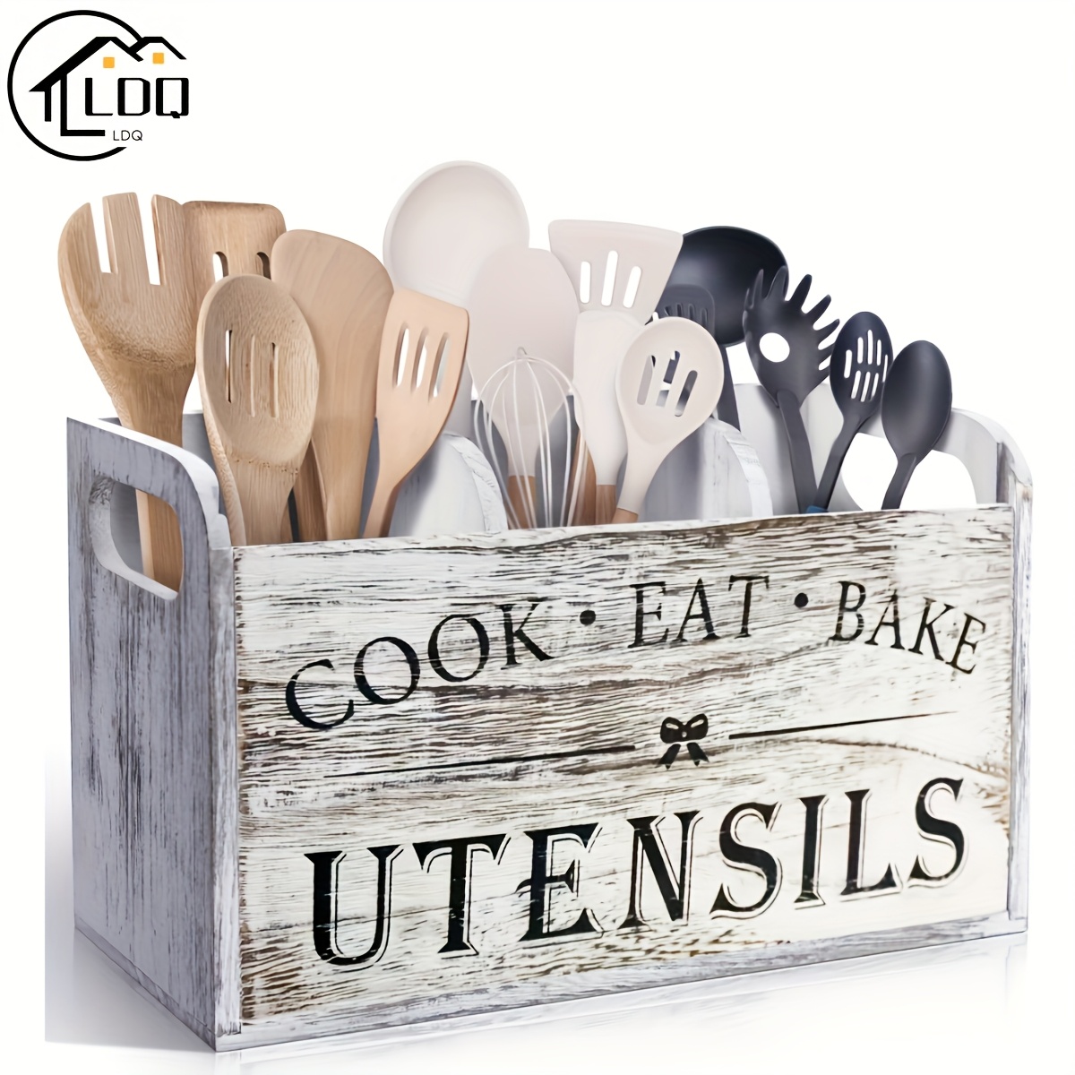 

Rustic Wooden Kitchen Utensil Holder, 1pc 3-compartment Storage Box, Countertop & Wall-mounted Organizer, Wood Material, Brand: Ldq, Kitchen Accessories For Cook, Eat, Bake Tools