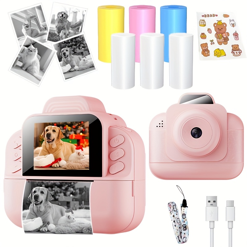 TEMU 1080p Hd Instant Photo And Printer Camera, With 3 Rolls Of White Photo Paper, 3 Rolls Of Color Photo Paper, Lanyard, Etc., Can Take Photos,