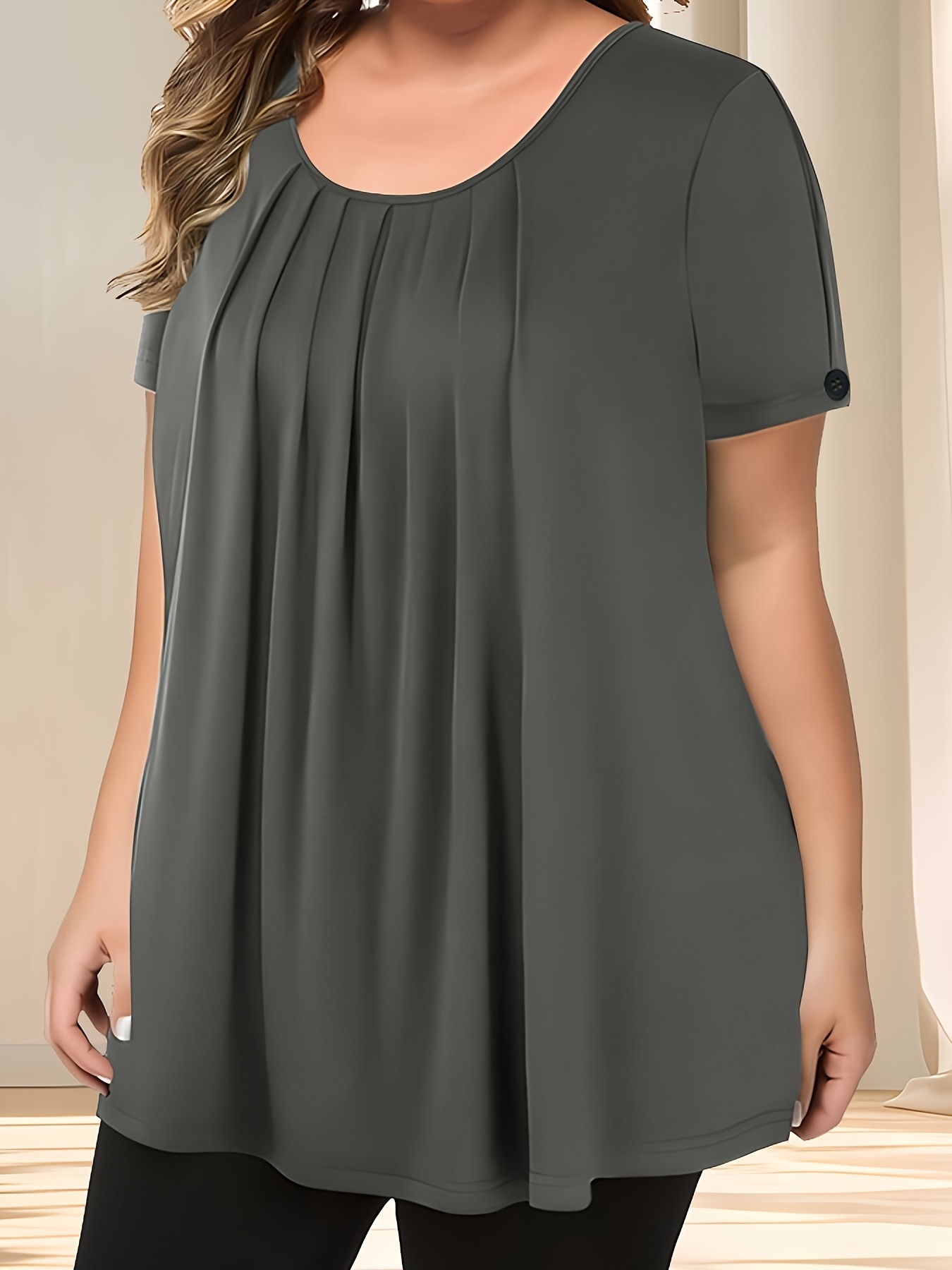 Women'S Casual Crew Neck Short Sleeve Blouse, Solid Color Plus Size, Lightweight Polyester with Subtle Stretch, Flared Hem, Spring/Summer Fashion Top, Casual Wear Blouse | Elegant Plus Size | Simple Eleganc