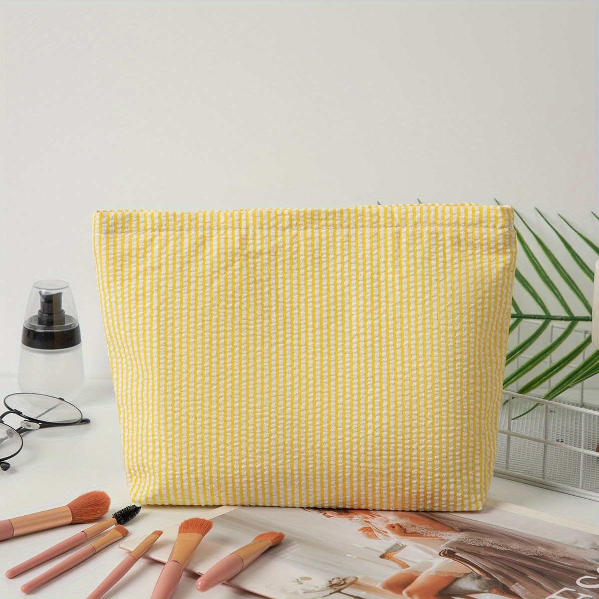 TEMU 1pc Seersucker Makeup Bag - Indian-style Hand-held Large Capacity Toiletry Organizer With Embroidered Vertical Stripes, Options For Travel &