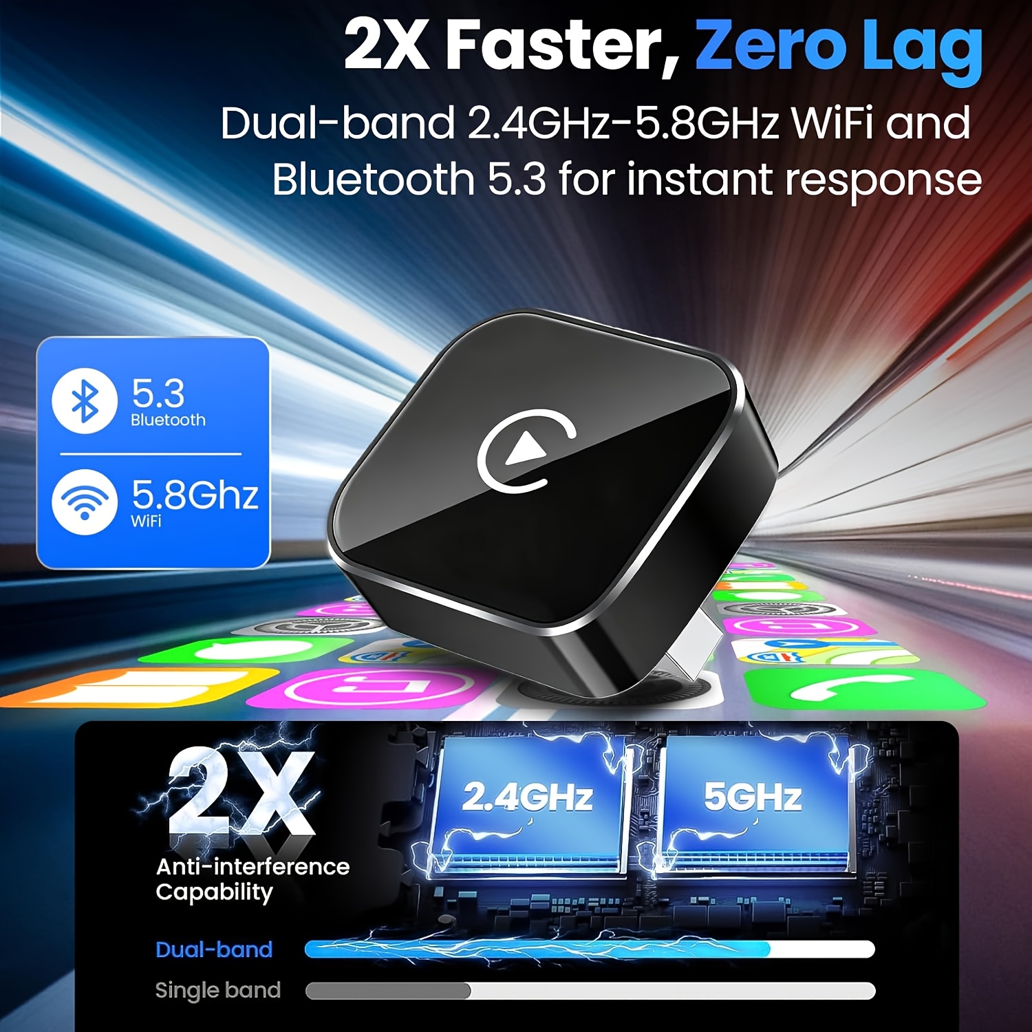 Adaptador Sem Fios Conversor de Fios para Sem Fios para Carplay Android Auto Upgrade Plug And Play, Tamanho Pequeno, Conexão Rápida e Estável