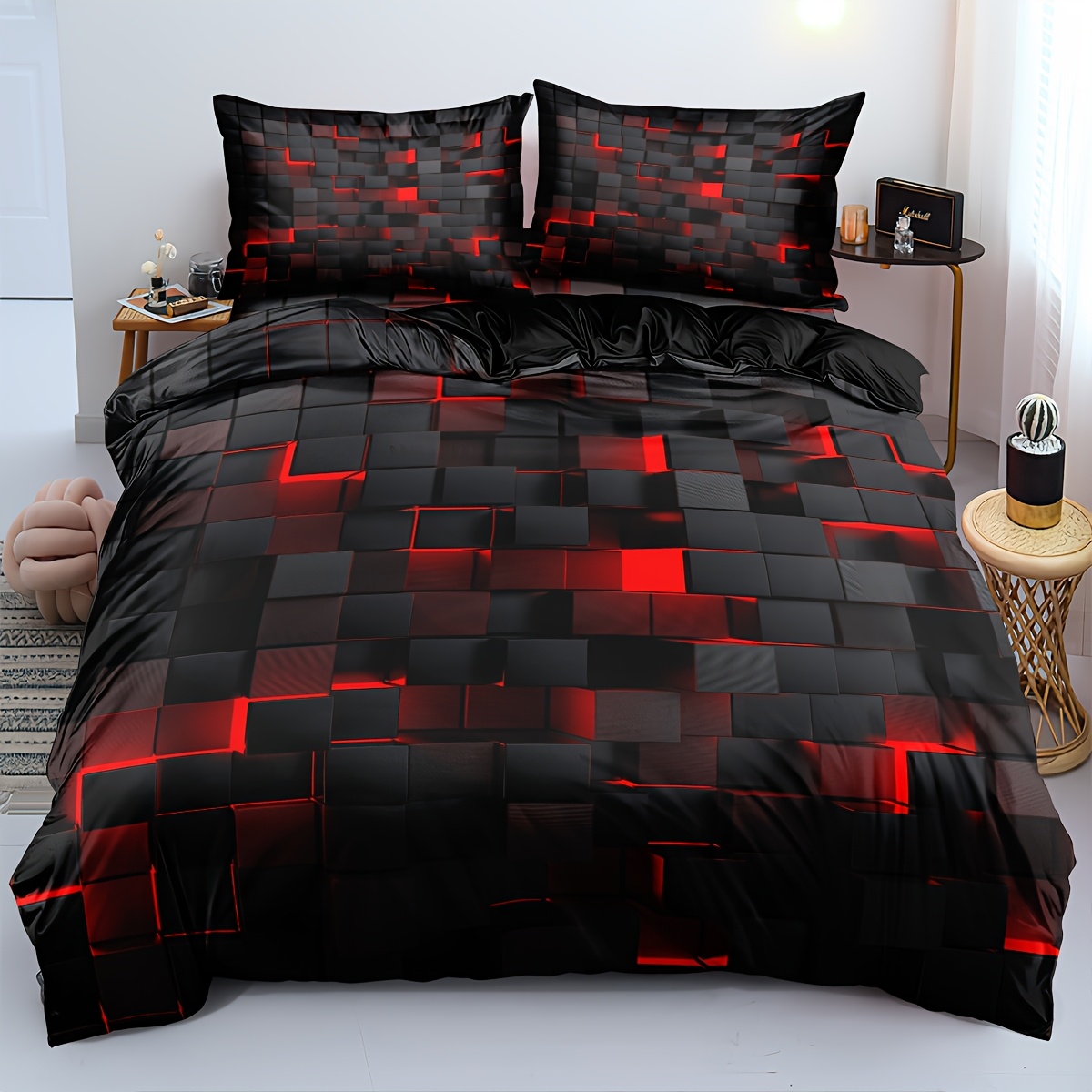 

3pcs Duvet Cover Set - Hypoallergenic, Breathable Microfiber With Red Grid Print - Includes 1 Duvet Cover And 2 Pillowcases, Zip Closure - For Bedroom &