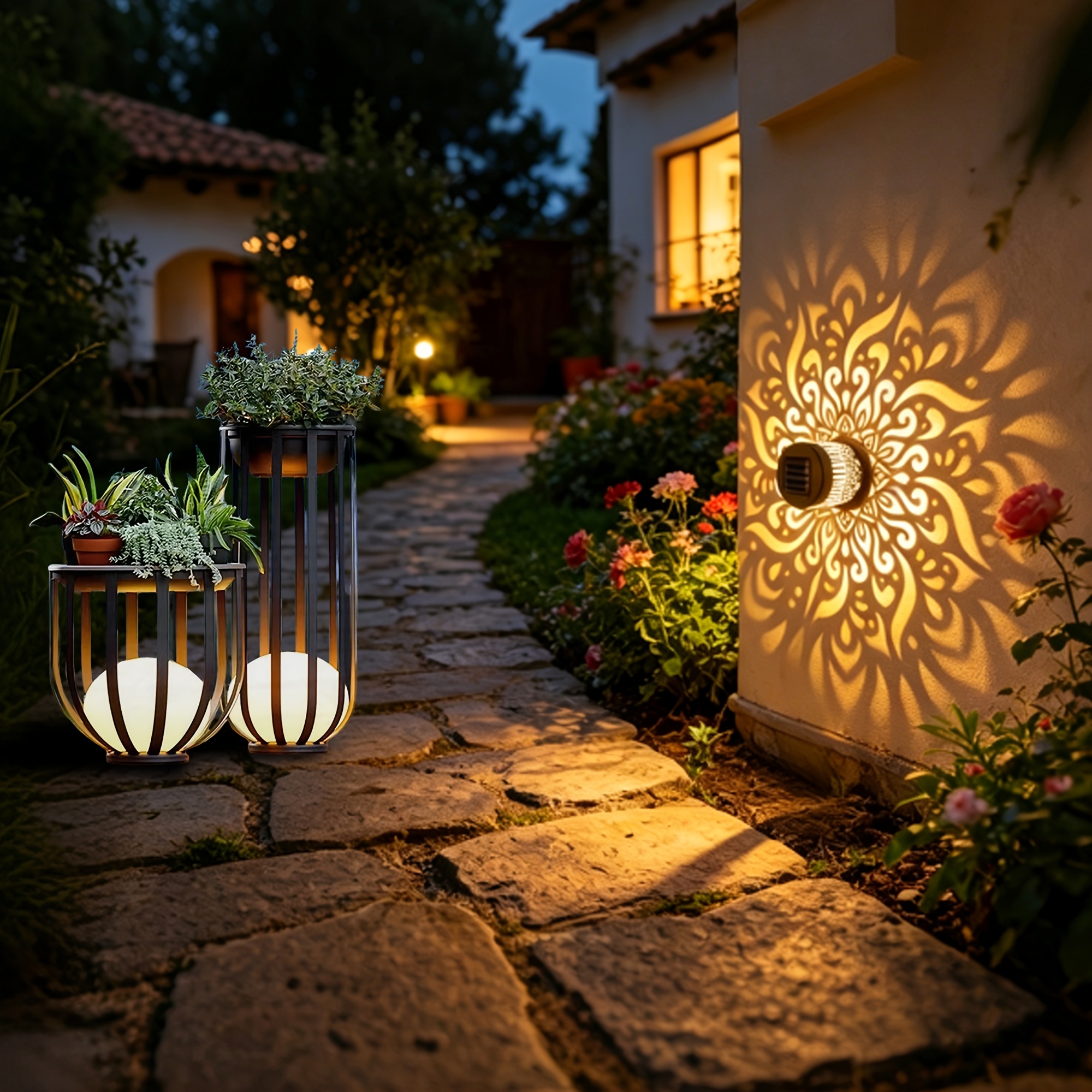 TEMU Lampe Mandala, Lampe Solaire de Clôture d'Extérieur à Projection Murale, Lampe Solaire LED à Design Coloré sur le Thème Mandala, Convient pour