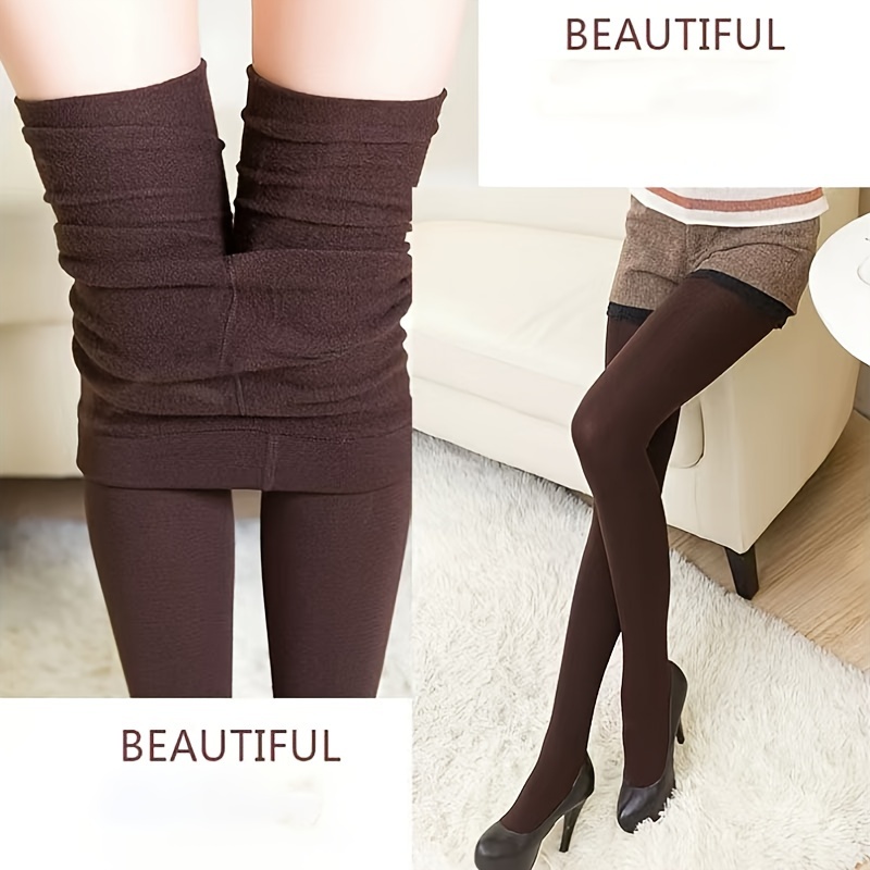 

Women's Elegant Fleece-lined Tights - Polyester Solid Color Knit Fabric, Warm Stretchy Pantyhose, Hand-washable - 1 Pair