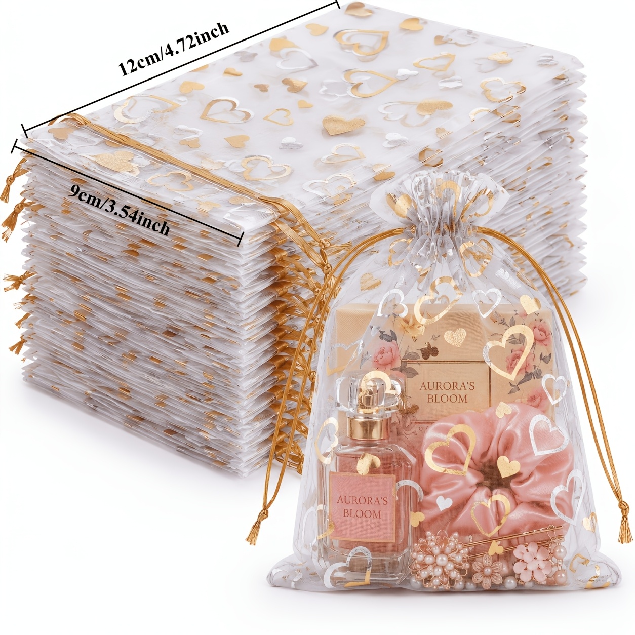 TEMU Lot de 25 sacs cadeaux en organza blanc imprimés d'un motif cœur doré brillant, pochette de paquet en transparente, sac de rangement en organza