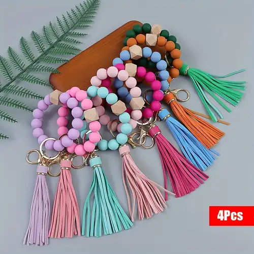 Silicone Bead Keychain Bracelet – Colorful Wristlet Keyring With Tassels (Unisex Gift)