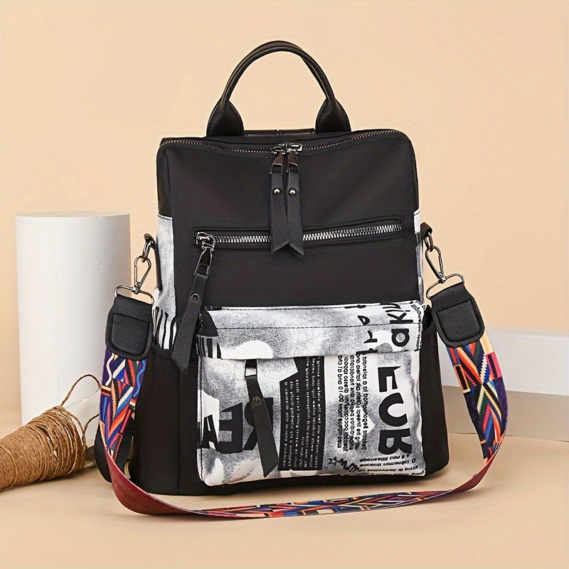 

Backpack Purse For Women, Trendy Letter Print Large Shoulder Bag, Convertible Travel Daypack Schoolbag
