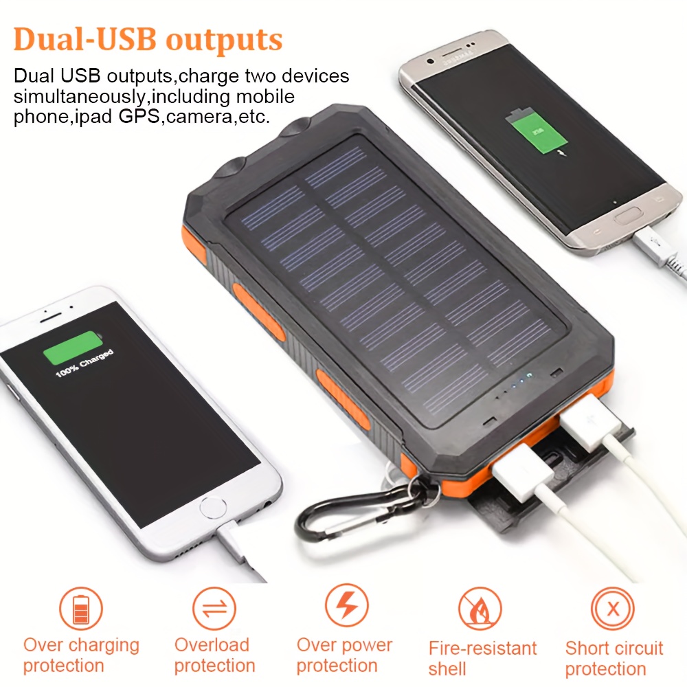 10000 mah solar mobile power mobile power portable charger for all devices long lasting travel camping led flashlight carabiner details 1