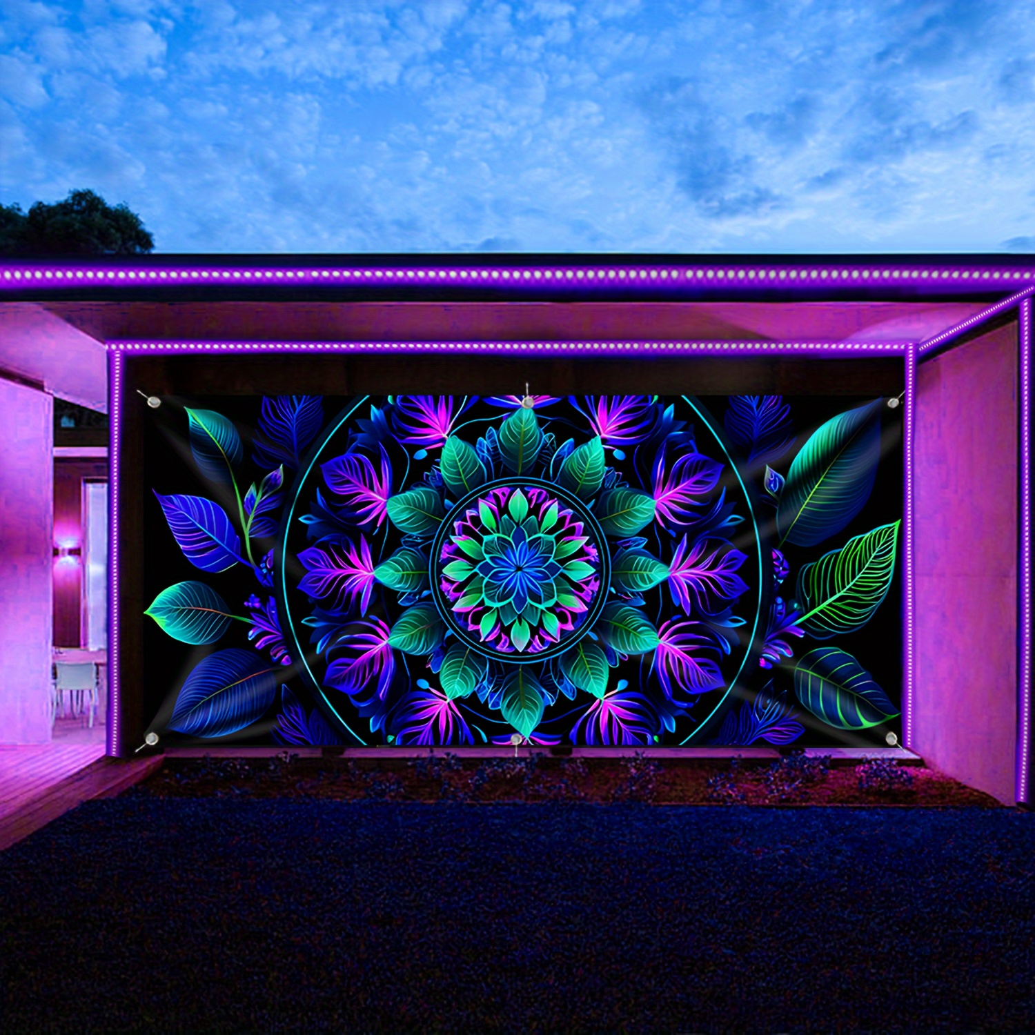 E-shop Bohemian Blumen Garagentor Banner - UV Schwarzlicht , Große Außen Weihnachtsdekoration, für Partys & Feiertagsfeiern, Einfaches Aufhängen mit