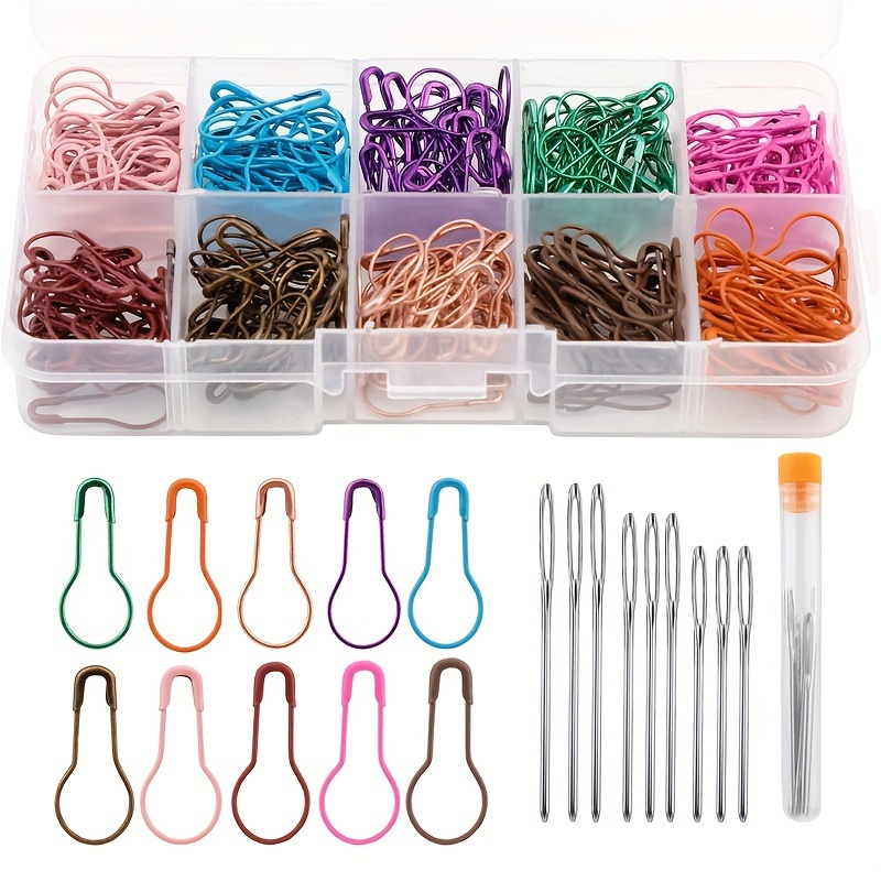 A Set Of 300 Colorful Knitting Markers, Including Crochet Clips, Along With 9 Large- Blunt Sewing Needles, All Packaged In A Storage Bottle And Box