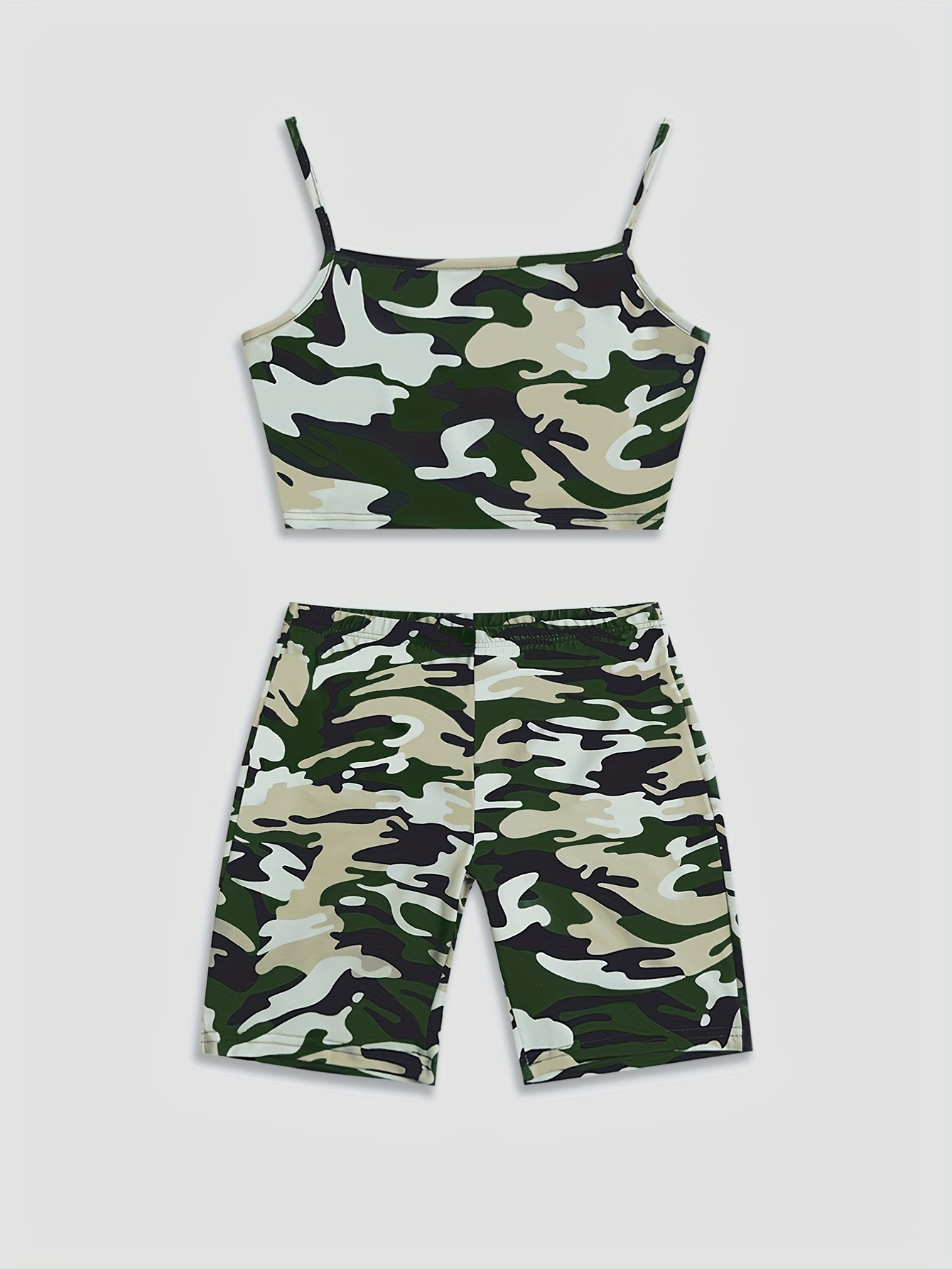 Camo Print Casual Two-piece Set, Crop Cami Top & Cropped Leggings Outfits,  Women's Clothing