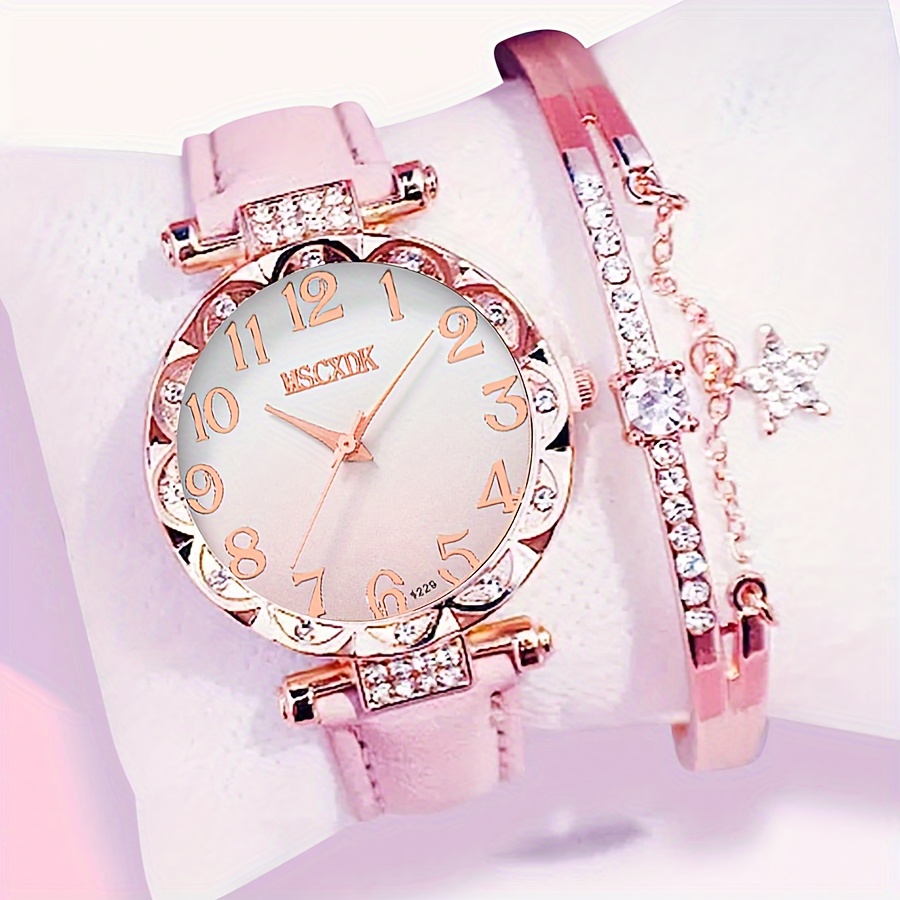

2pcs/set Women's Pink Gradient Dial Quartz Watch Analog Pu Leather Wrist Watch & Rhinestone Star Bangle, Gift For Her
