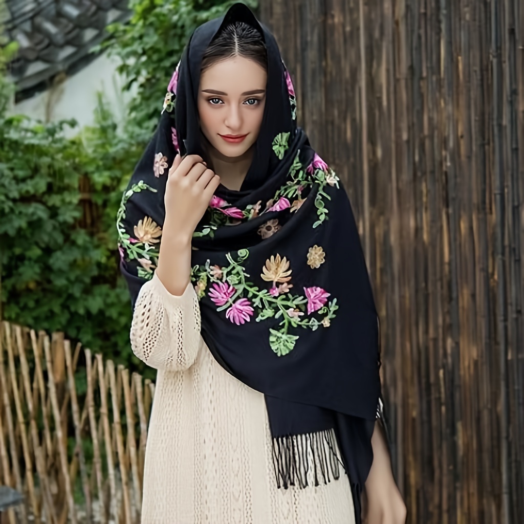 

Elegant Floral Embroidered Polyester Scarf - 2-meter Long, Thick Warm Shawl With Tassels, Embroidery , Hand Washable, Without Feathers For Weekend Casual Wear