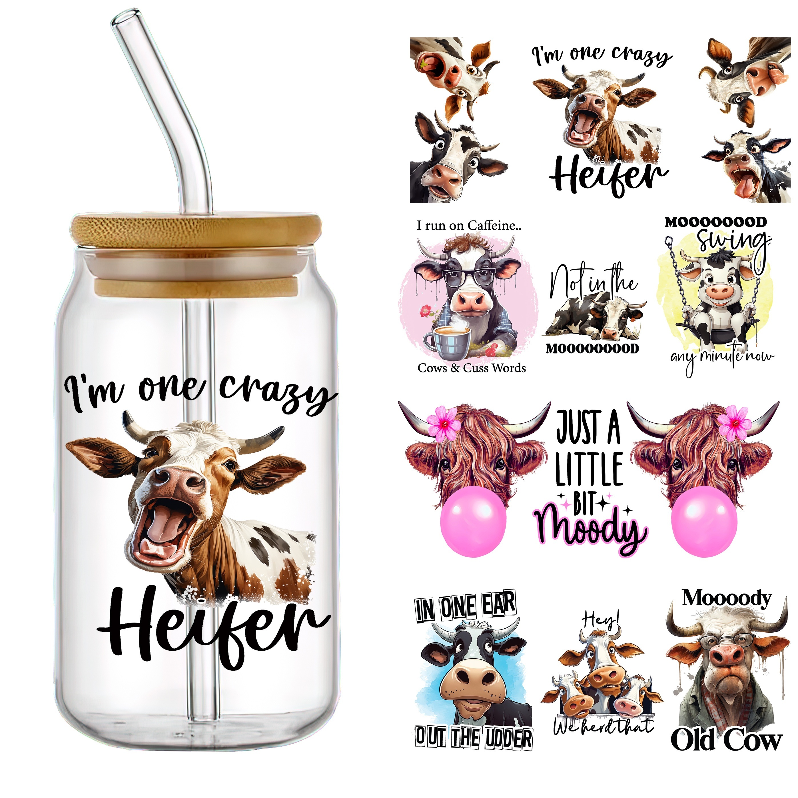 

4pcs Funny Cow Uv Dtf Transfer Stickers - Waterproof & Scratch-resistant, Self-adhesive Decals For Mugs, Bottles, And 16oz Glass Jars - High-quality Pvc, Diy Crafts, Fashionable Women', 4.3x9.4 Inches