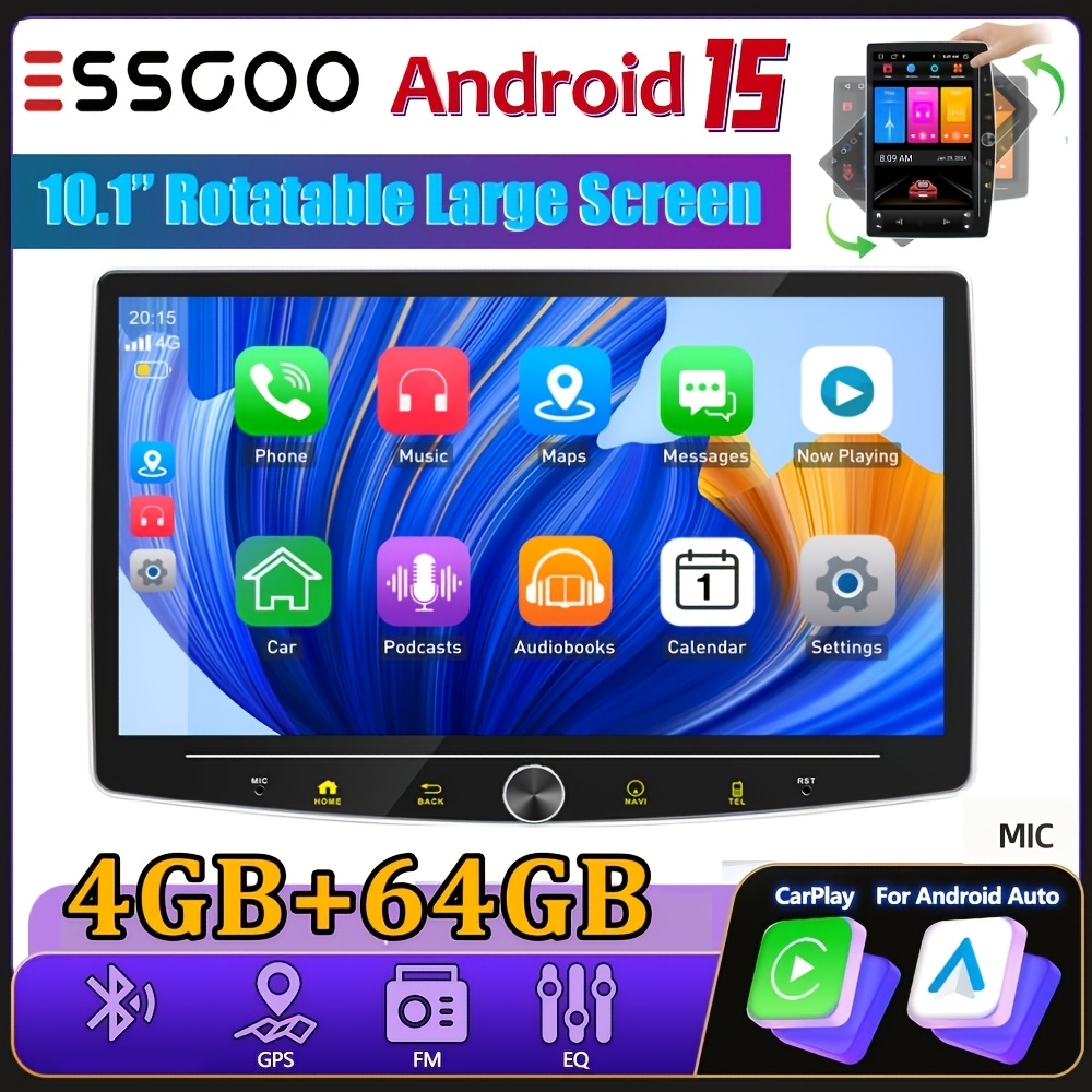 Image of Essgoo 10.1 Inch Rotatable 15 Car Stereo, 4gb+64gb, Auto, Single Din Touchscreen Radio, Gps Navigation, Wifi, Fm/rds, Steering Wheel Contro, , , Backup Camera Input And With Microphone As Gift.