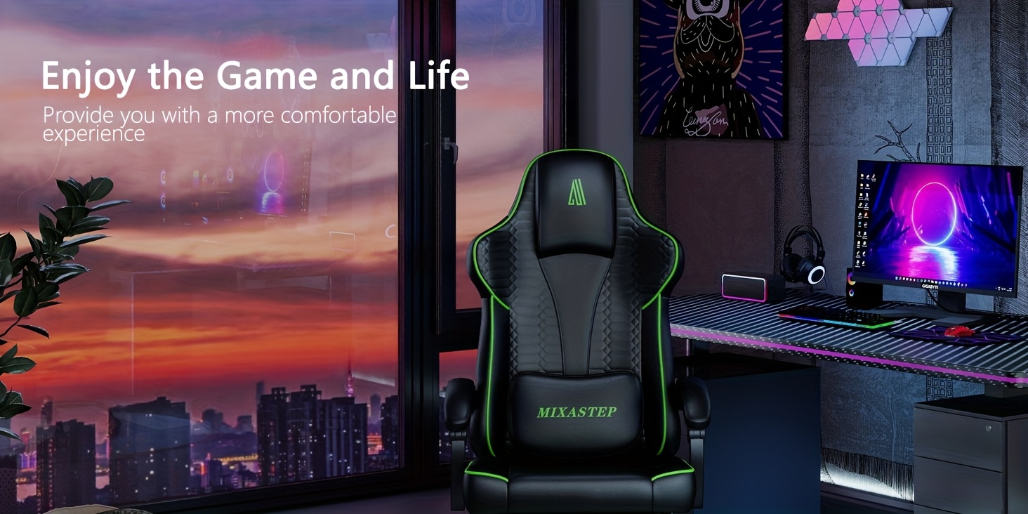 Een ergonomische gamingstoel met verstelbare rugleuning en een draaibare 360-graden functie - Ontworpen voor volwassenen en tieners tot 150 kg, perfect voor thuiskantoren of gaming, in een groene kleur.