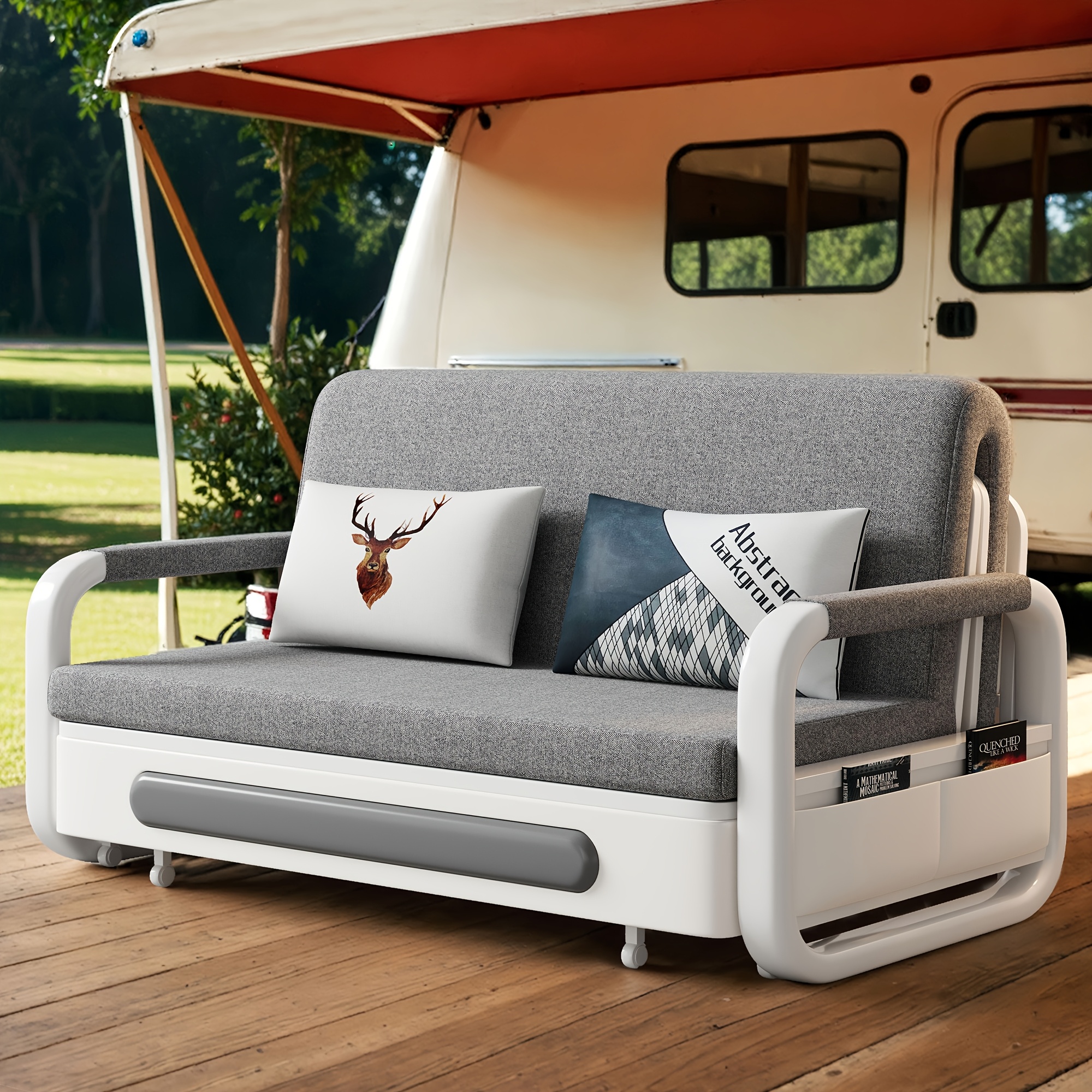 A Versatile Bed Made Of Wood That Can Into A Sofa Bed, Featuring A Sleeping Option And Storage Space, Ideal For , , Or Courtyards, In Dark Grey And White (150 Cm)