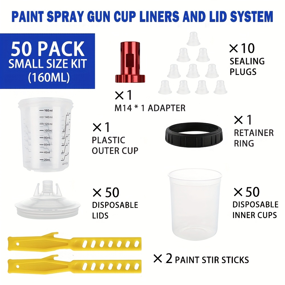 50pcs Spray Gun Paint Mixing Cup H/o Paint System Airbrush Tank 5.41oz/160ml No-wash Disposable Paint Cup With M14 X 1.0 Spray Gun Cup Adapter And Paint Stir Sticks