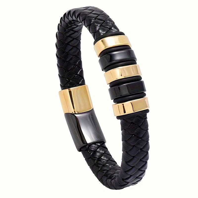 

Men's Trendy Black Leather Bracelet With Magnetic Clasp - Fashionable Alloy Accessory