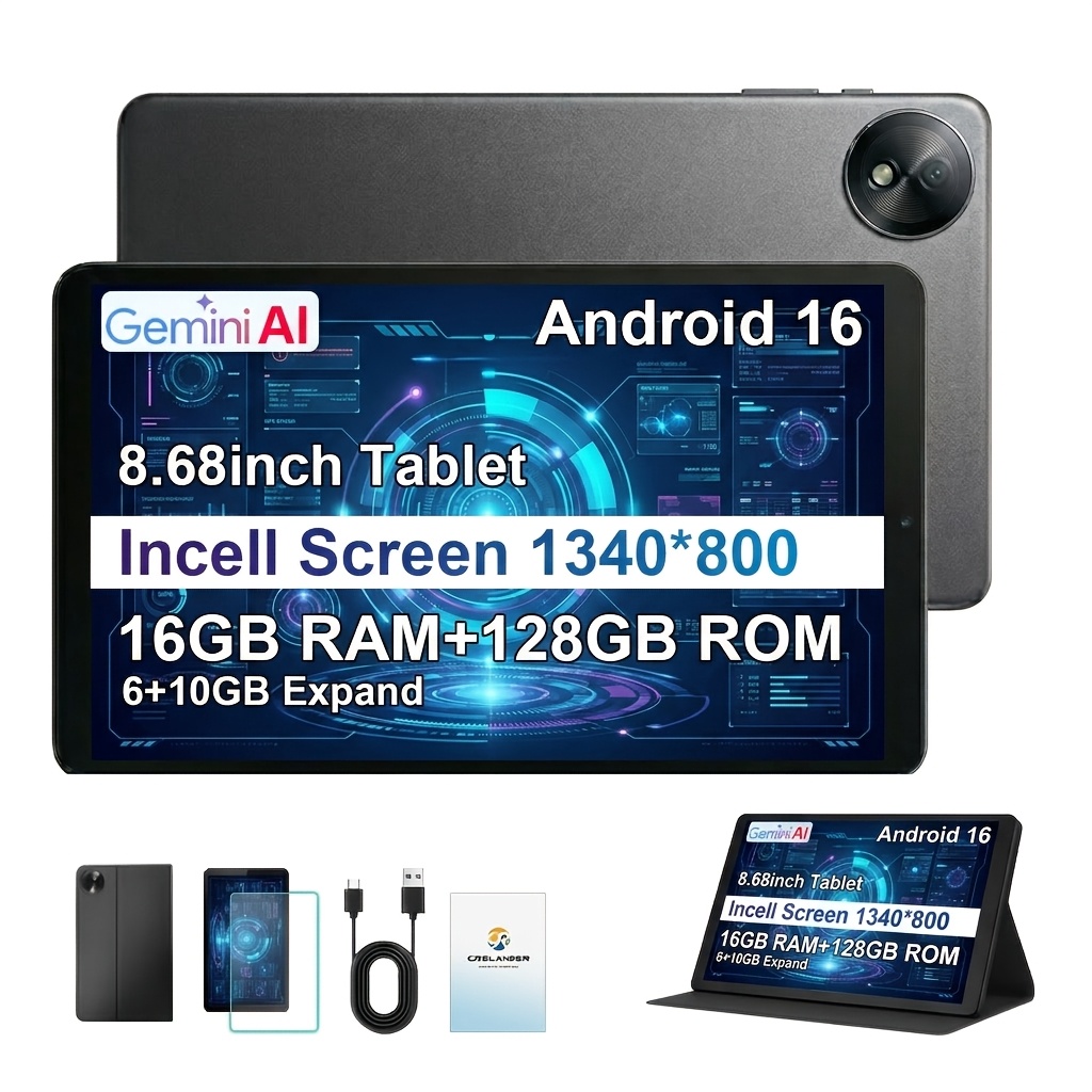 Image of Crelander Tablet 16 Ai 8.68 Inch Screen Tablet With 16gb (6gb+10gb) And 128gb Rom, 1340x800 60hz Fhd Touch Screen With Protective Cover Dual Wi-fi/dual Camera/gms Tablet Pc For Learning