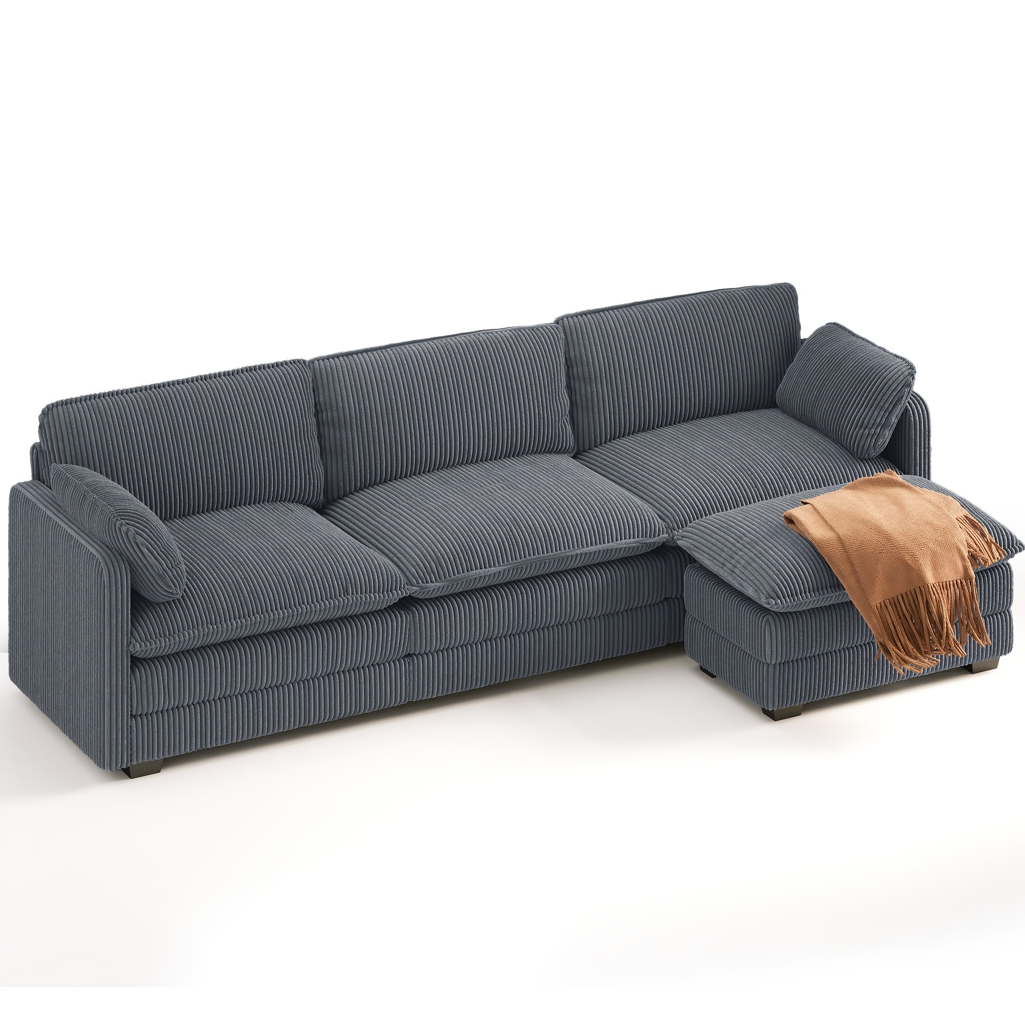 Corner Sofa L Shape With Ottoman, Modular 3-seater Cloud Sofa Made Of Cord Fabric With Removable Covers With 2 Cushions,, Couch With High Density Foam Padding For Living Room, Dark Grey