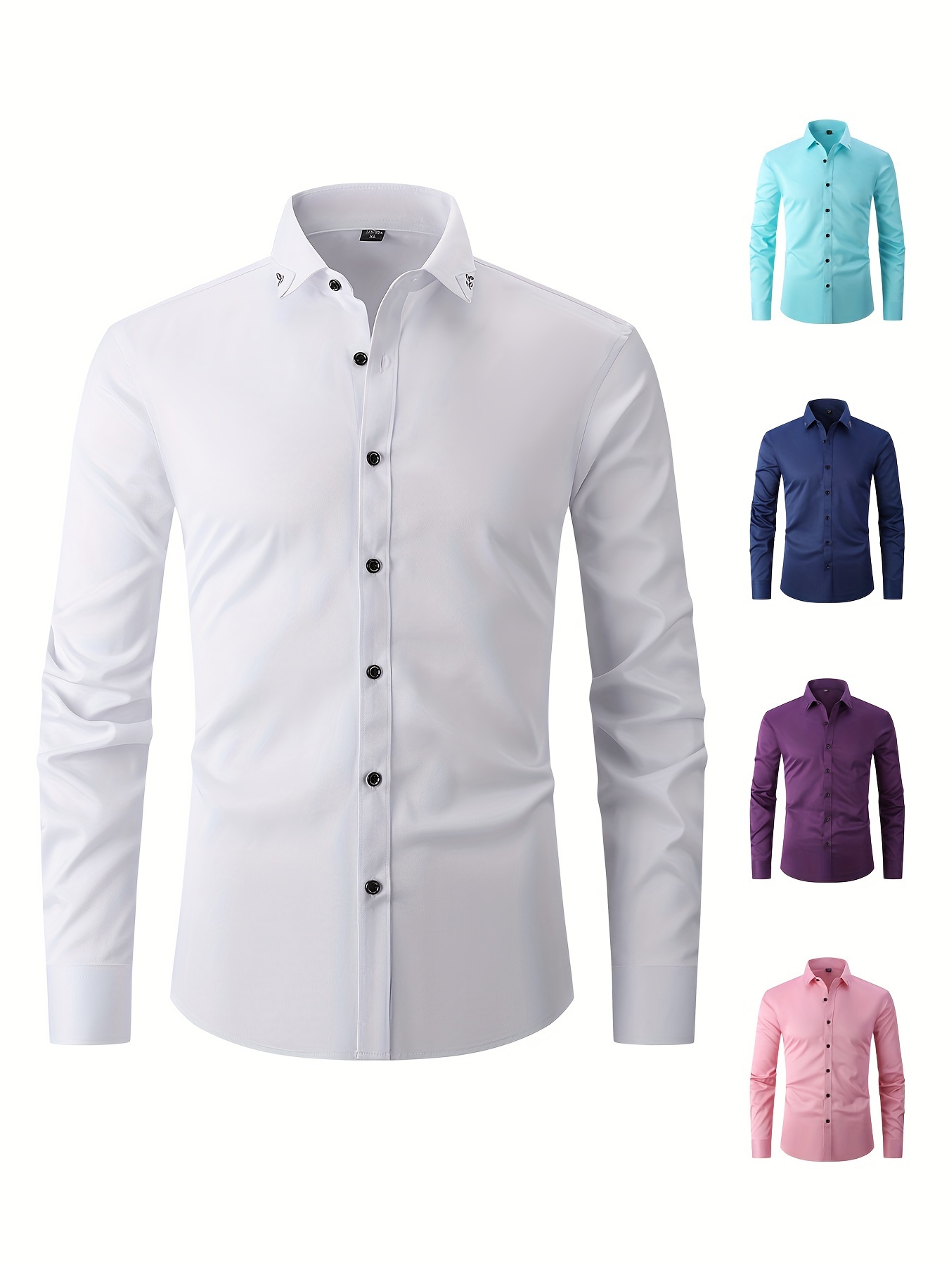 Solid Color Men's Slim Fit Long Sleeve Button Shirt Spring - Temu