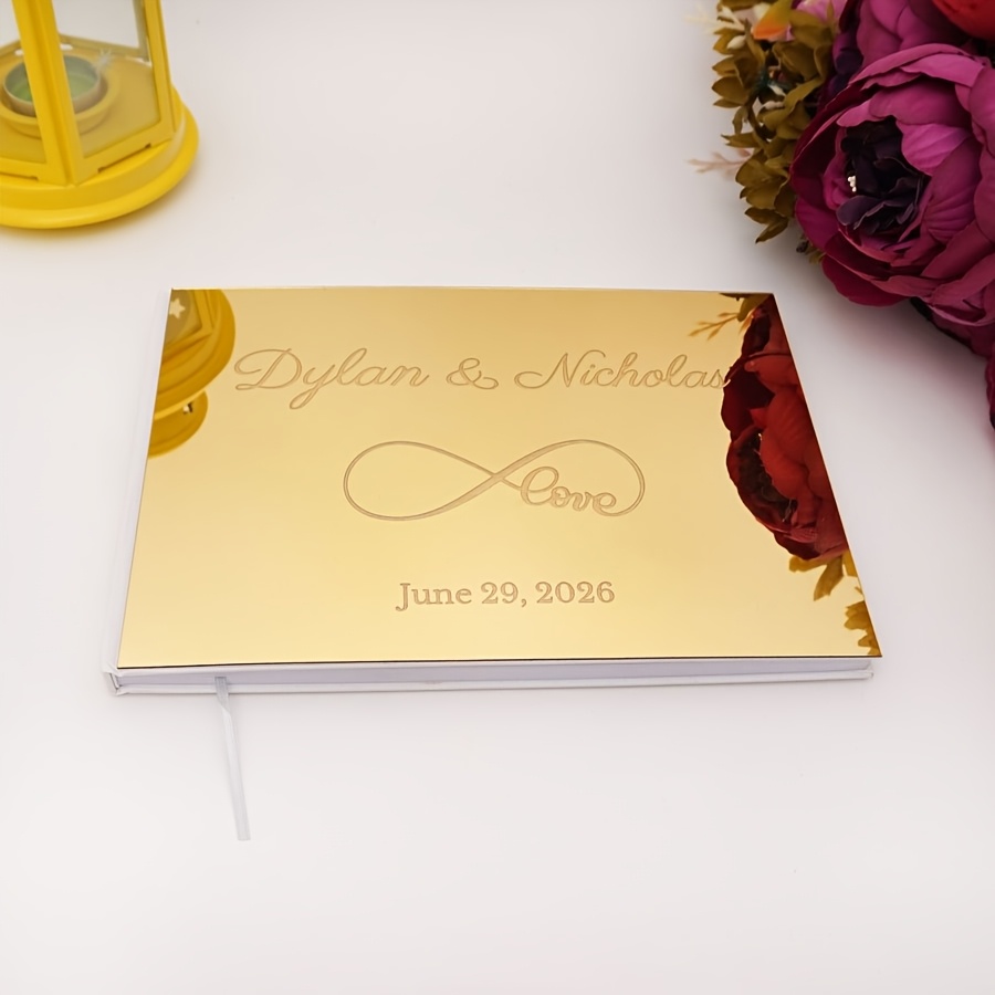 TEMU 'or horizontal personnalisable X065, 25*18 cm (10*7 pouces), , album souvenir de mariage personnalisé, design symbole éternel et , nom et date