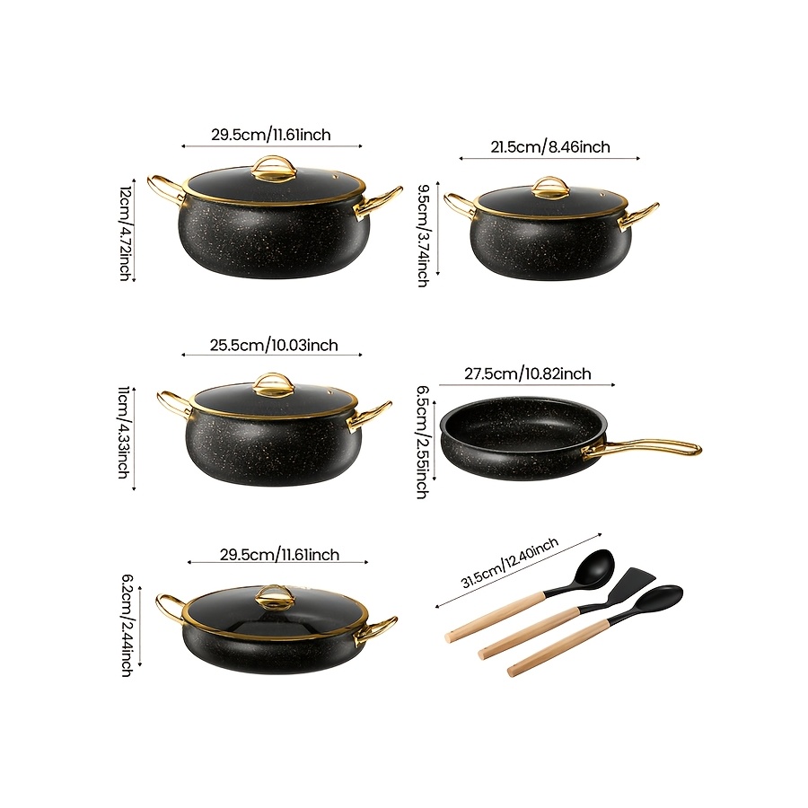 12pc304 stainless steel pot set non stick coating golden plated handle   high temperature wood handle silicone kitchenware easy to clean uniform heat conduction 4 pots 4 lids 1 wok   handle silicone kitchenware suitable for frying steak stir frying   boiling noodles milk suitable for   outdoor details 9