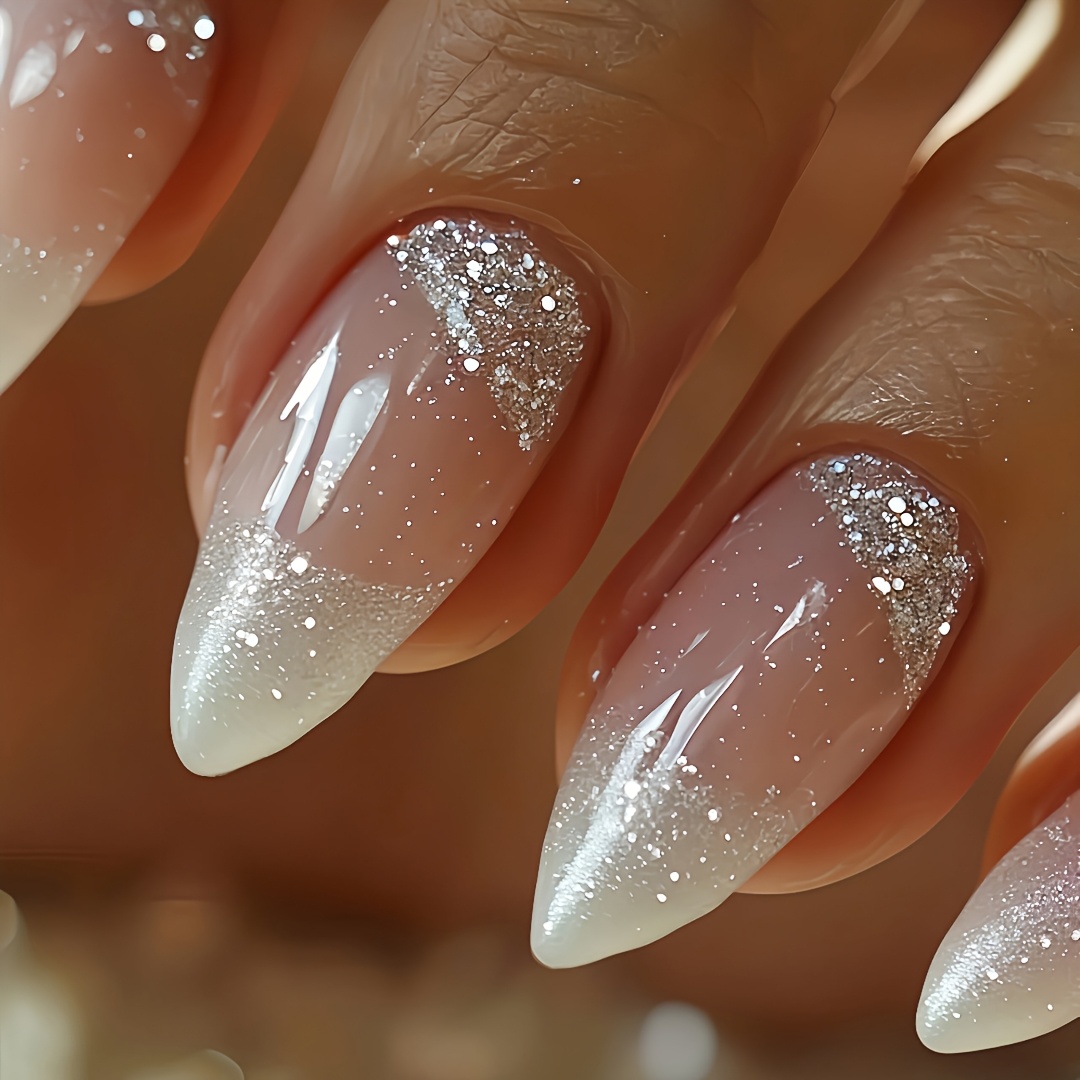TEMU [glitter Press-on Nails] 24pcs Glitter Middle Almond Shaped Press-on Nails, Soft Gel Fake Nails For Women, Acrylic Reusable Nail Decor. Stylish