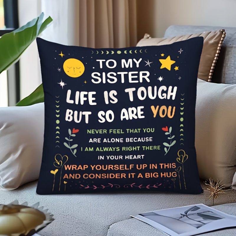 

1pc Memnun Inspirational Sister Throw Pillow Cover, 17.7x17.7 Inch, Black Polyester With Zipper - "to My Sister Tough" Message, Double-sided Print, Decor, Machine Washable (insert Not Included)