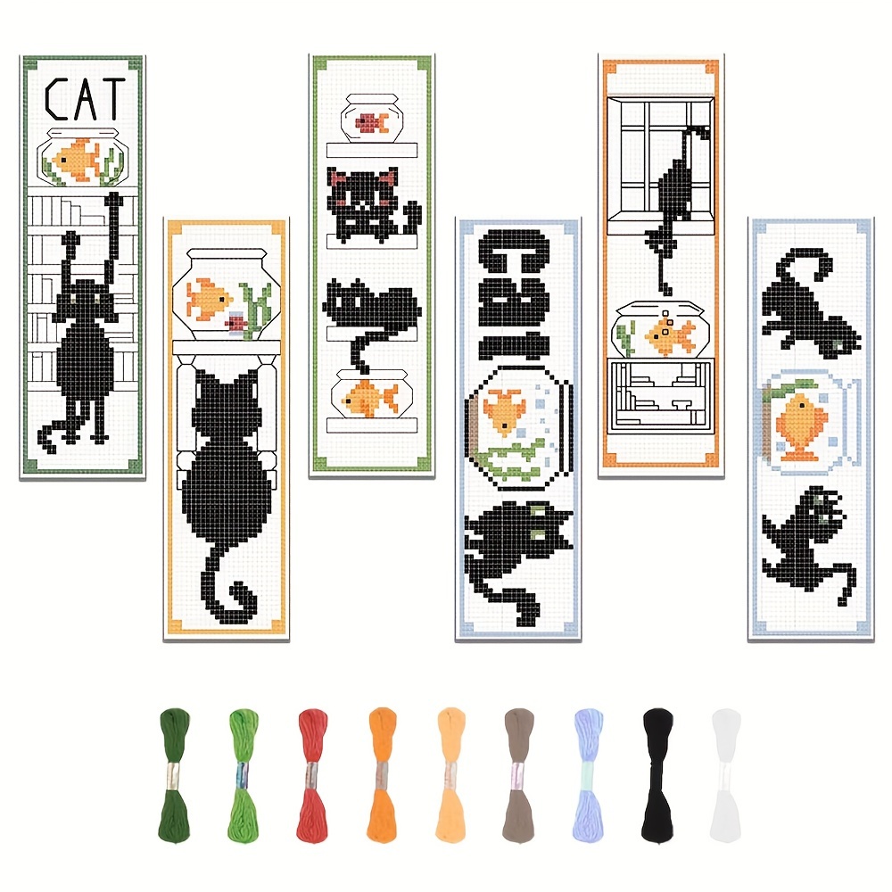 

Beginner-friendly Cross Stitch Bookmark Kit - 6pc Set With Black Cat & Fish Tank Patterns, Includes Instructions