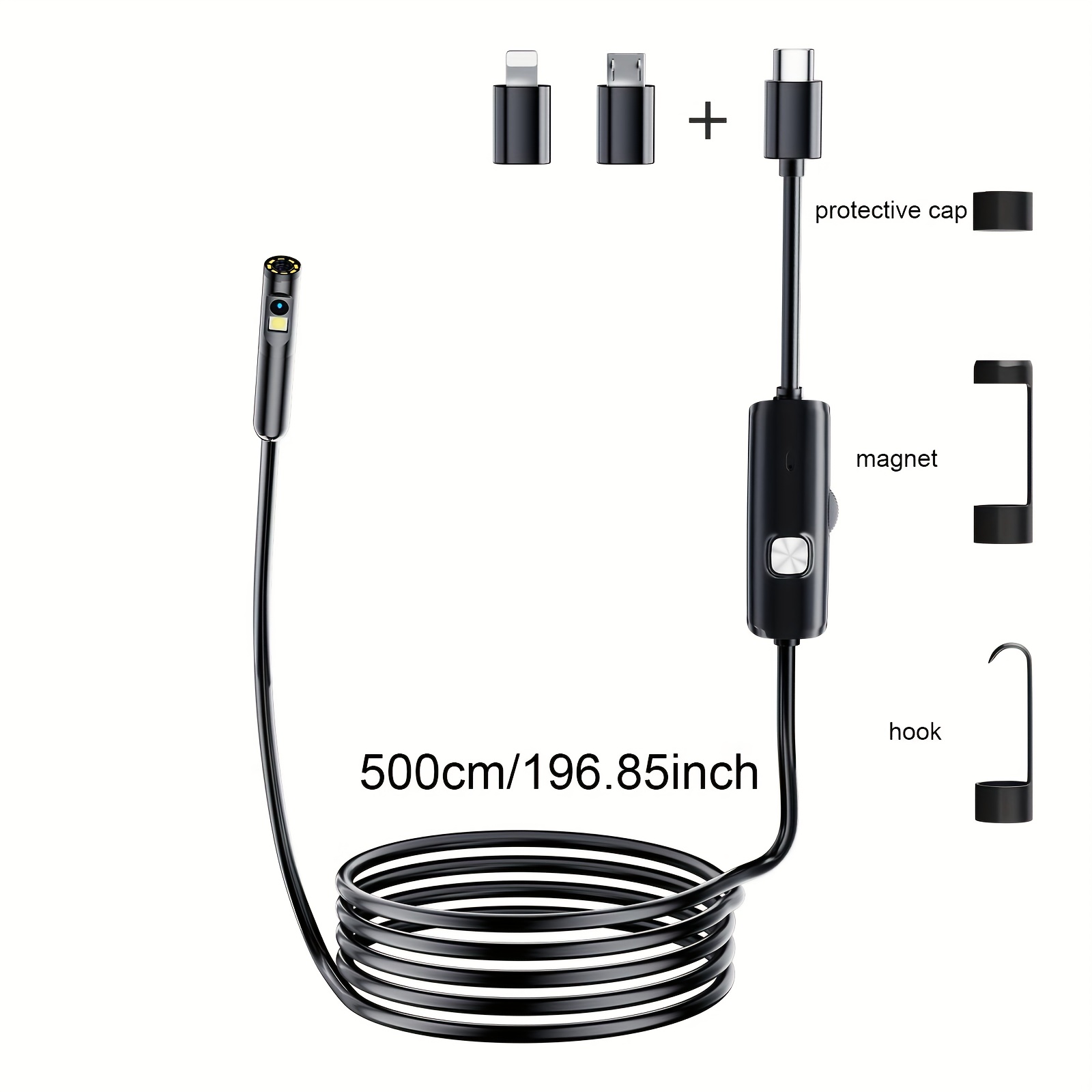 Dual Lens Endoscope Camera, 8mm Ip67 Waterproof Borescope With Adjustable Soft/hard Cable, Type-c For Ios & Ideal For Pipe, Air Conditioner, Sewer, And Automotive Inspection