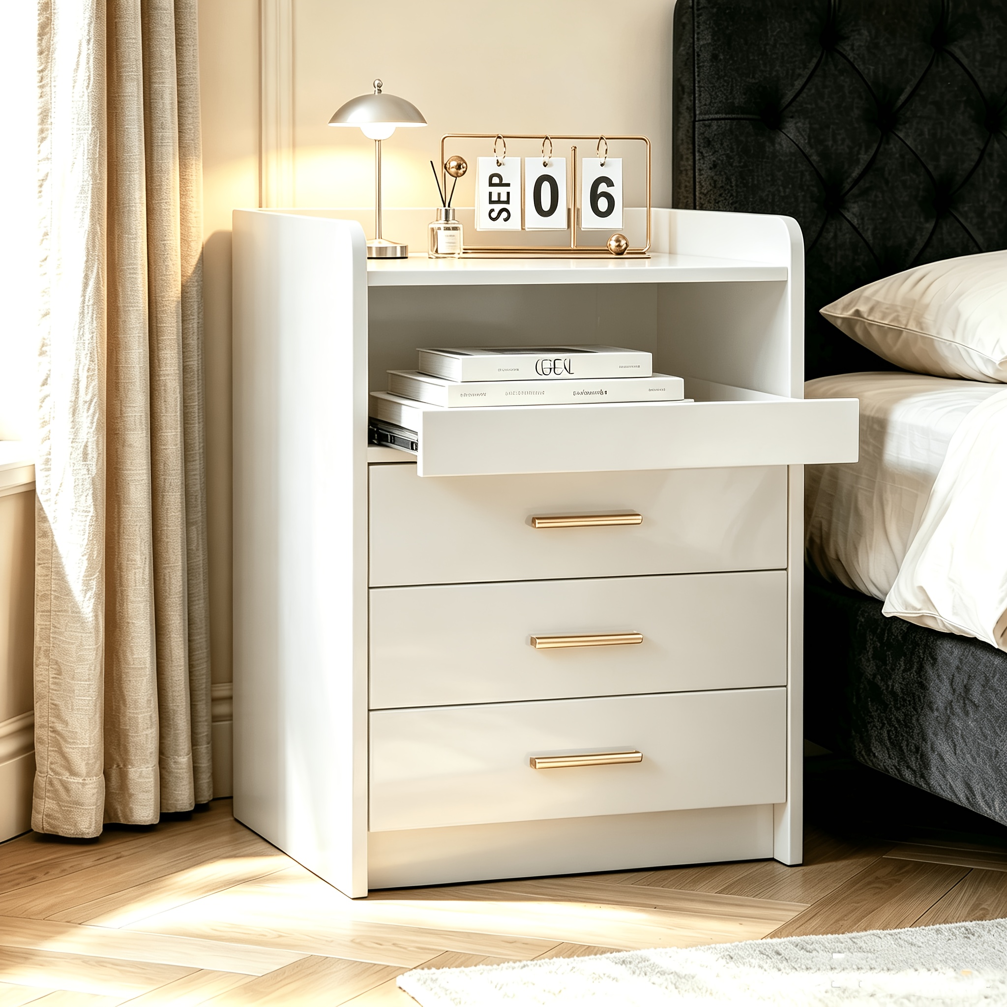 Bedside Table, Spacious Storage Cabinet, Sofa Table With 3 Drawers, Hidden Tray And 1 Shelf, Suitable For Bedrooms, Apartments, And Living Rooms, 45 X 40 X 65cm