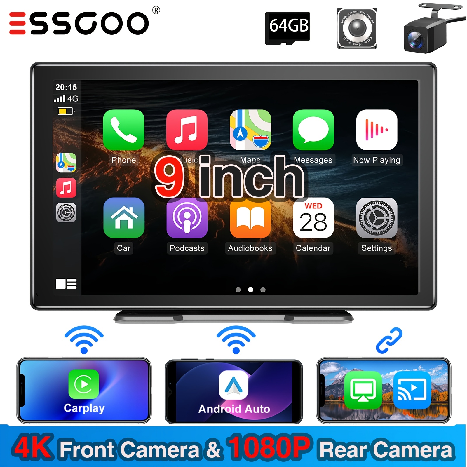 Essgoo 9-inch Portable Car Stereo 2k Front Camera &1080p Rear Camera With & Auto | Ips Display, Built-in Speaker, Calling & Voice Control