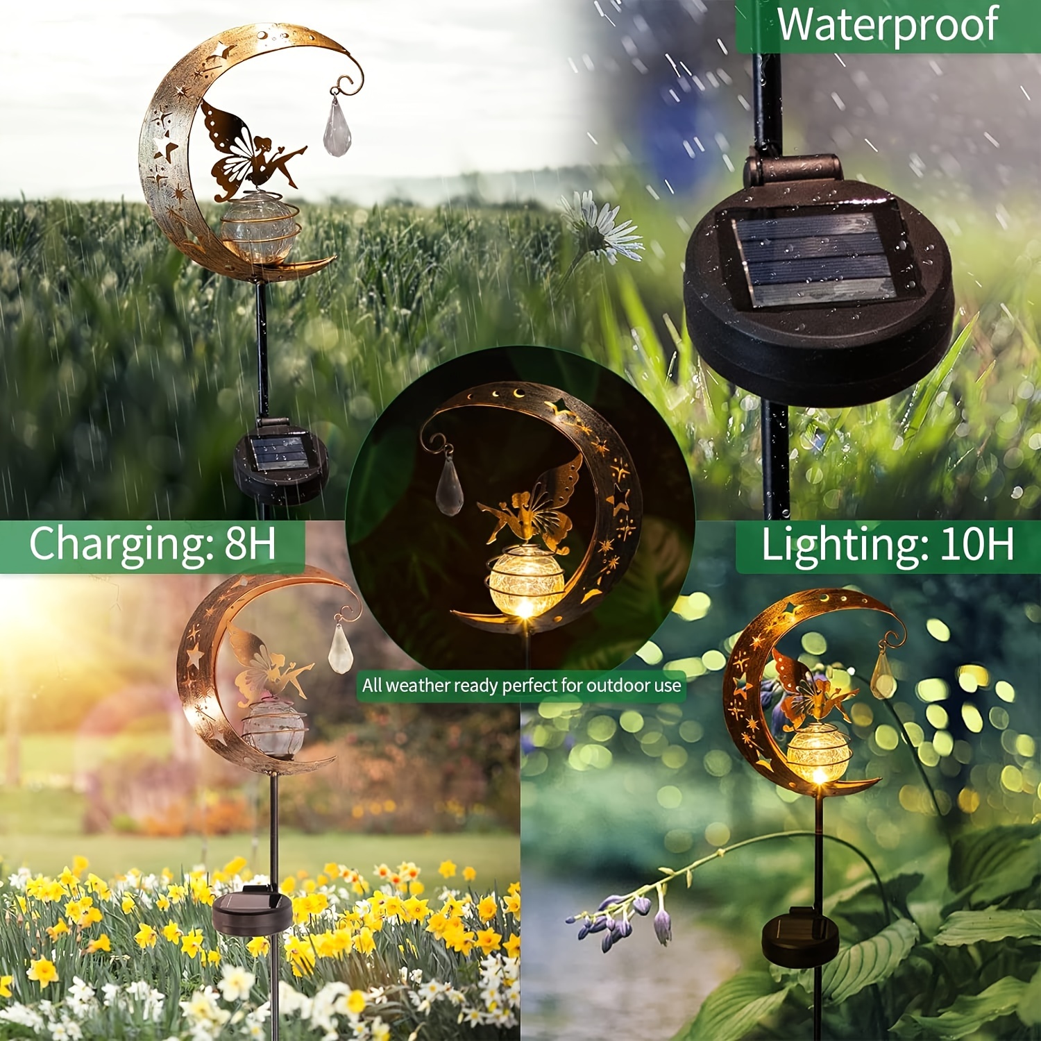 

Waterproof Metal Moon Fairy Decorative Stakes With Crackle Glass Globe, Outdoor Pathway Lawn Patio Yard Landscape Decor, Solar Charging Led, No Accessories Included